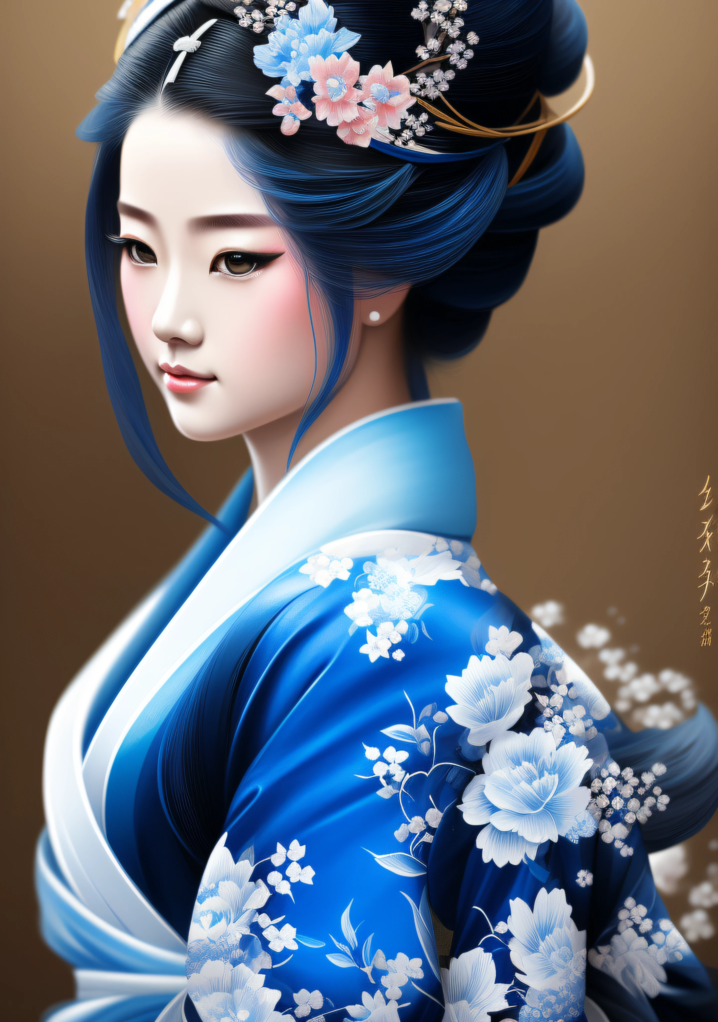 girl with blue kimono geisha long hair intricate, elegant, highly detailed, digital painting, splash art