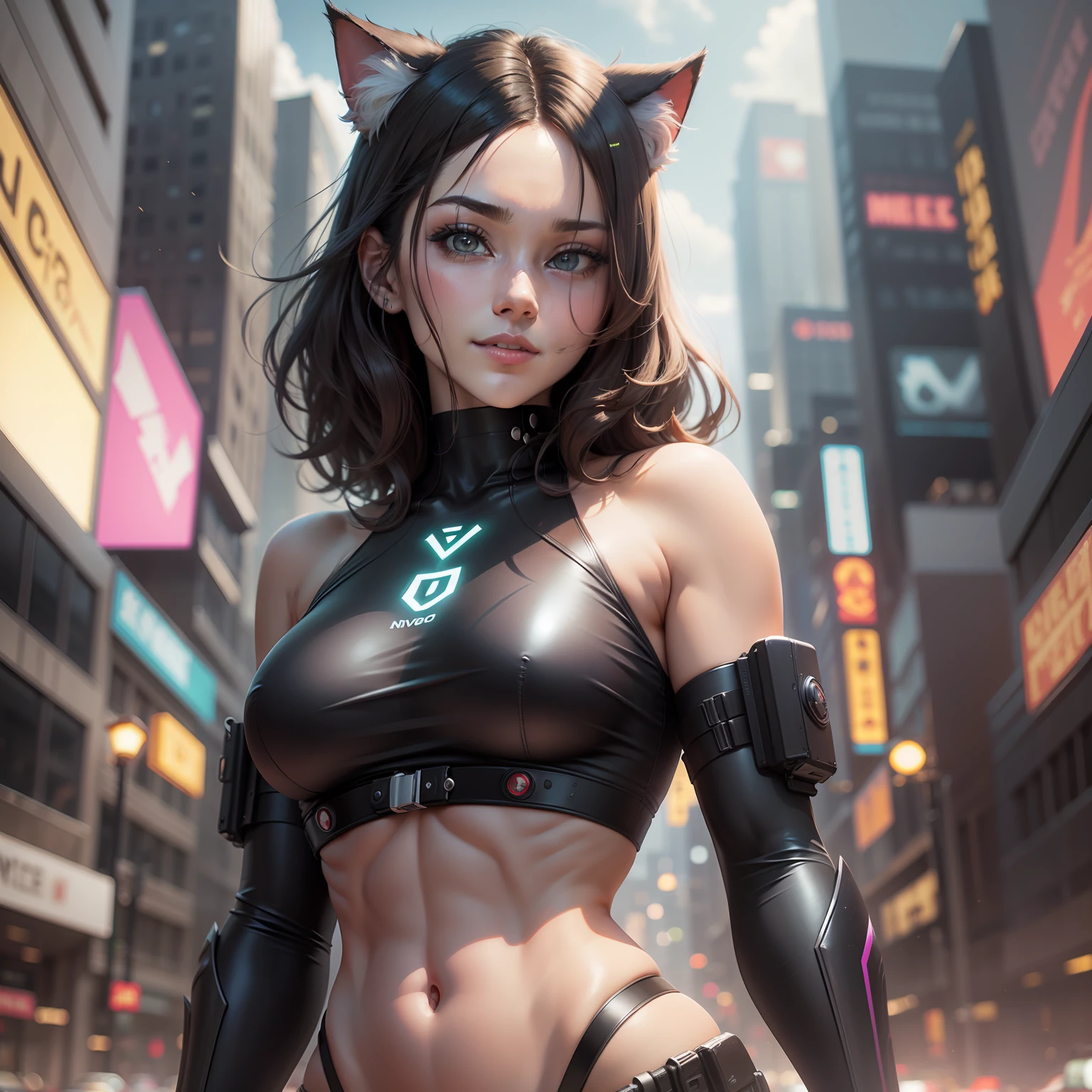 uma cidade cyberpunk, noite chuvosa, uma garora linda, corpo perfeito, seios grandes, pernas fortes, abdomen esguio, cabelo preto, medium hair, blank eyes, cat ears, evil smile, ray tracing, Futurism, anime style, cinematic lighting, motion blur, reflection light, close-up, first-person view, atmospheric perspective, Fujifilm, Sony FE, super detail, high details, anatomically correct