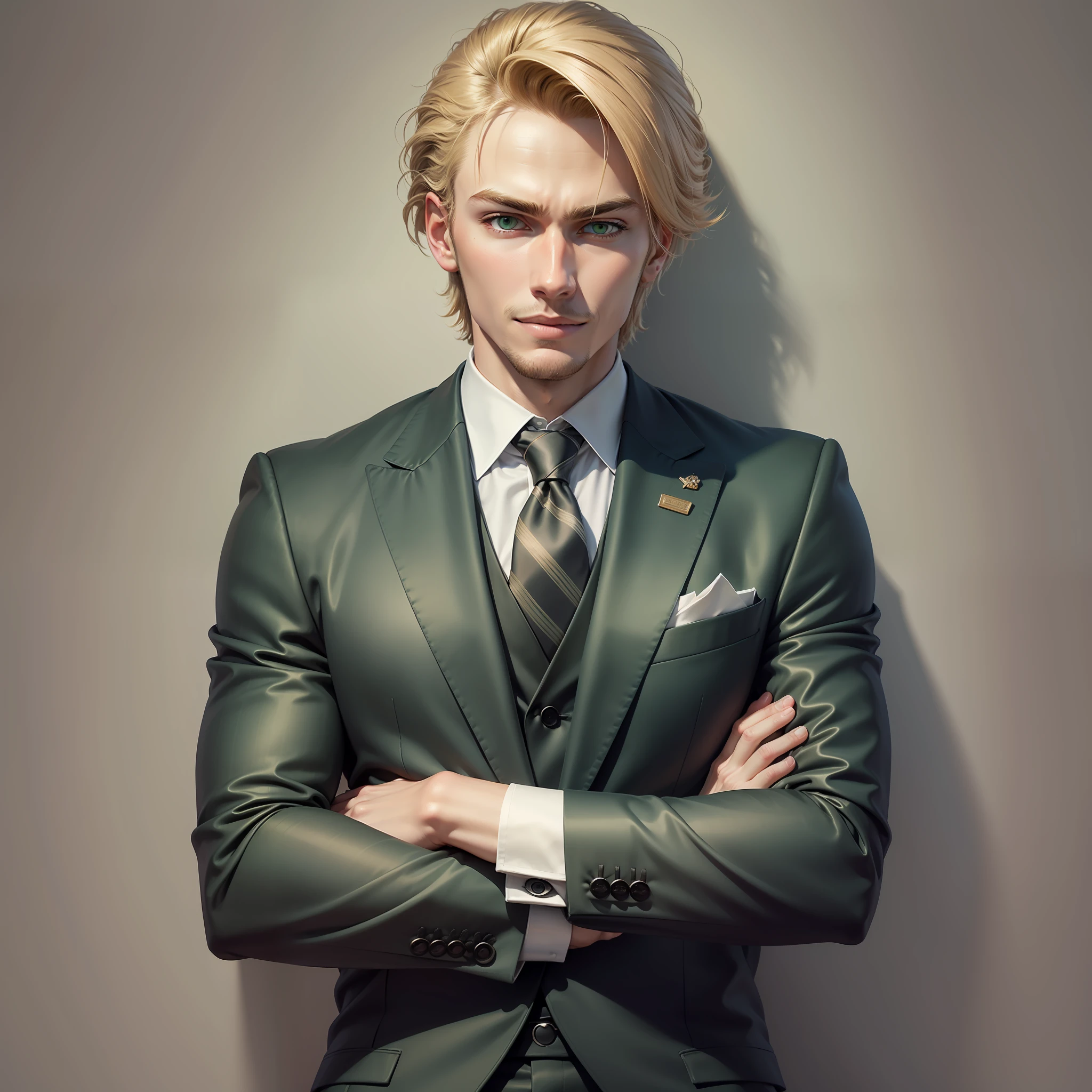 Realistic artwork, male, 23 years old, blond hair, elegantly styled, elegant, green eyes, furrowed eyebrows, profiled nose, suit and tie dress, arms crossed, reclining on an office wall, ambitious expression, evil smile