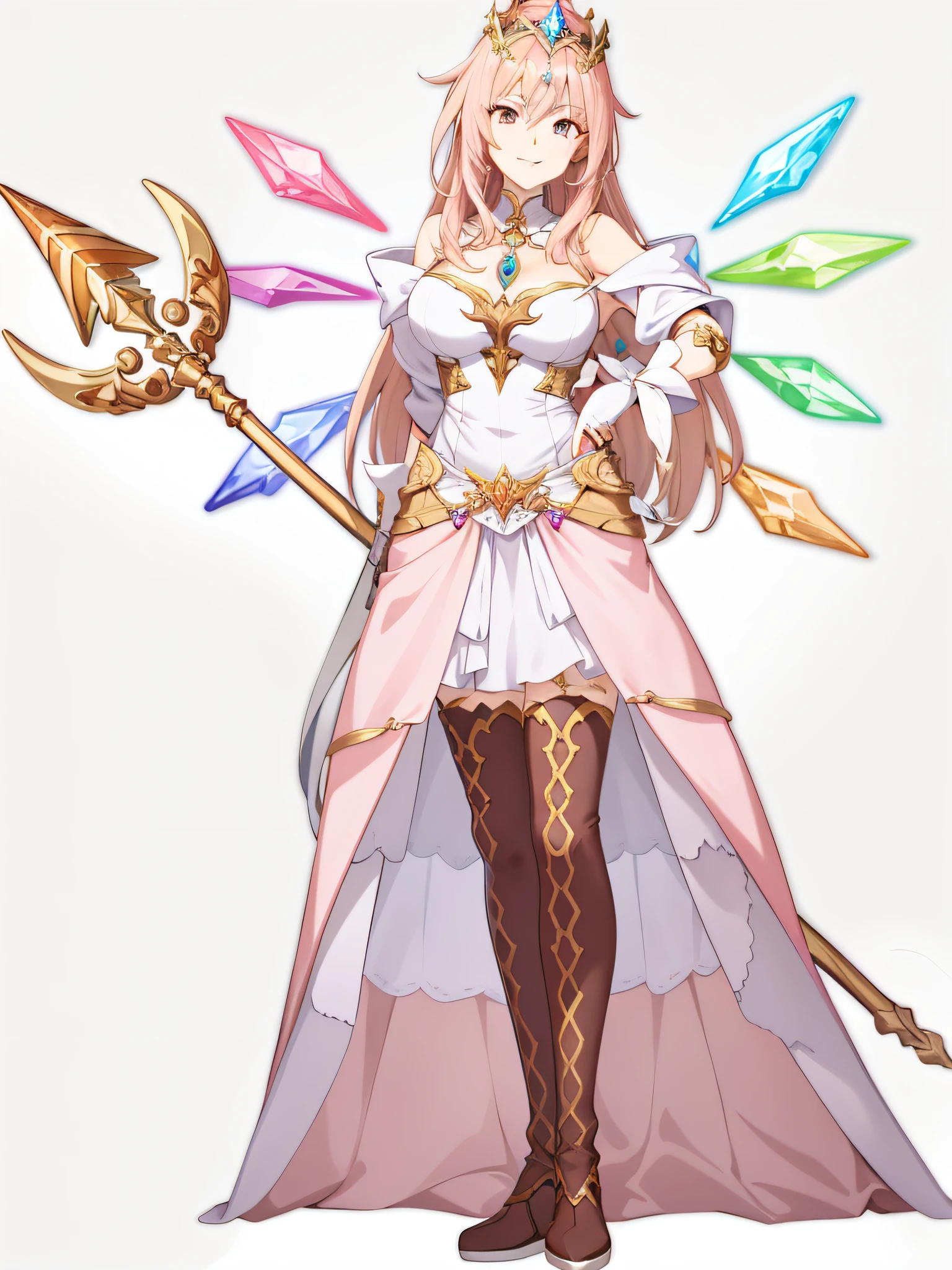 anime girl in a pink dress with a crown and a spear, full portrait of elementalist, anime goddess, she is holding a long staff, cushart krenz key art feminine, pretty female cleric, the non-binary deity of spring, in opal armor, /!\ the sorceress, the goddess artemis smirking, render of april