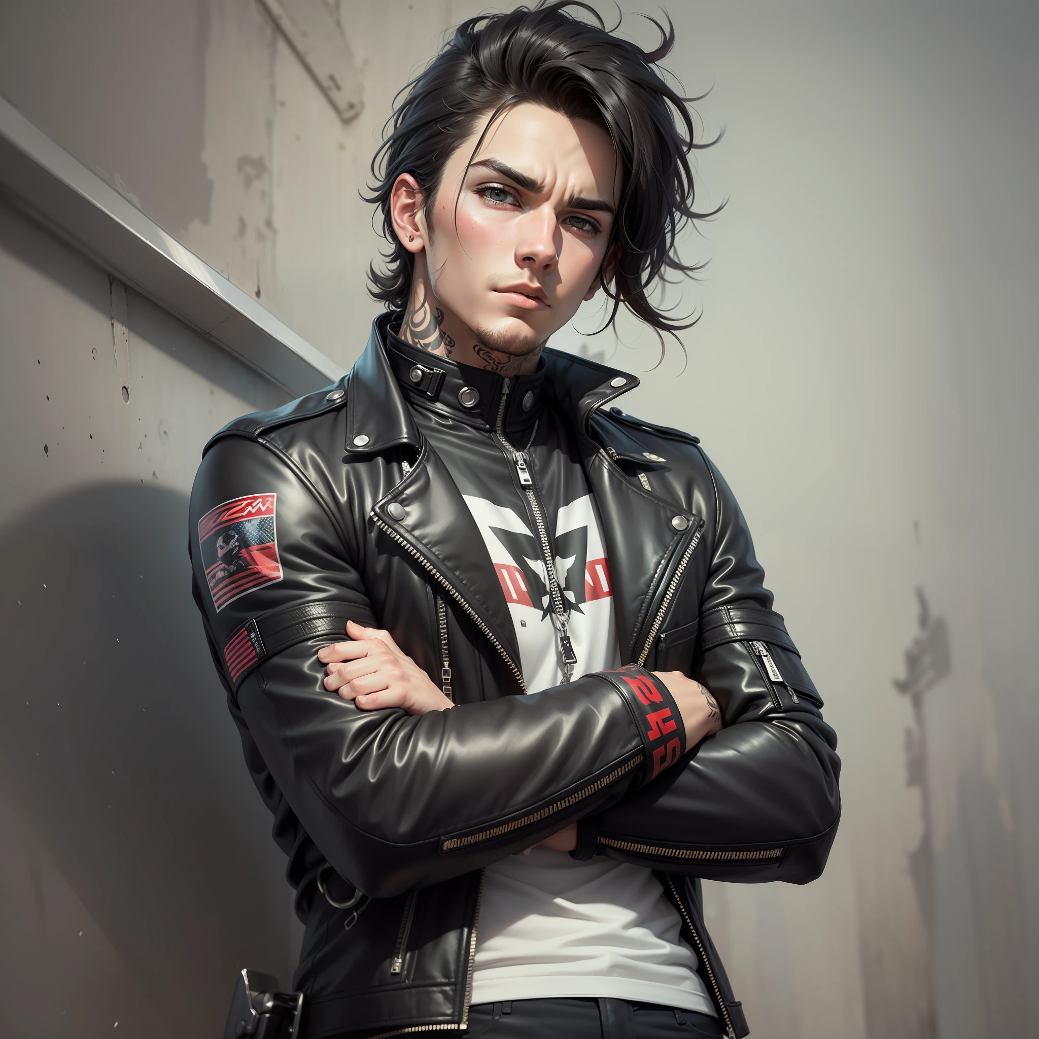 Realistic artwork, male, 23 years old, jet black hair, hairstyle like a rebel, party animal, hazel eyes, furrowed eyebrows, profiled nose, black motorcycle clothes, crossed arms, tattoos on both arms, reliable expression