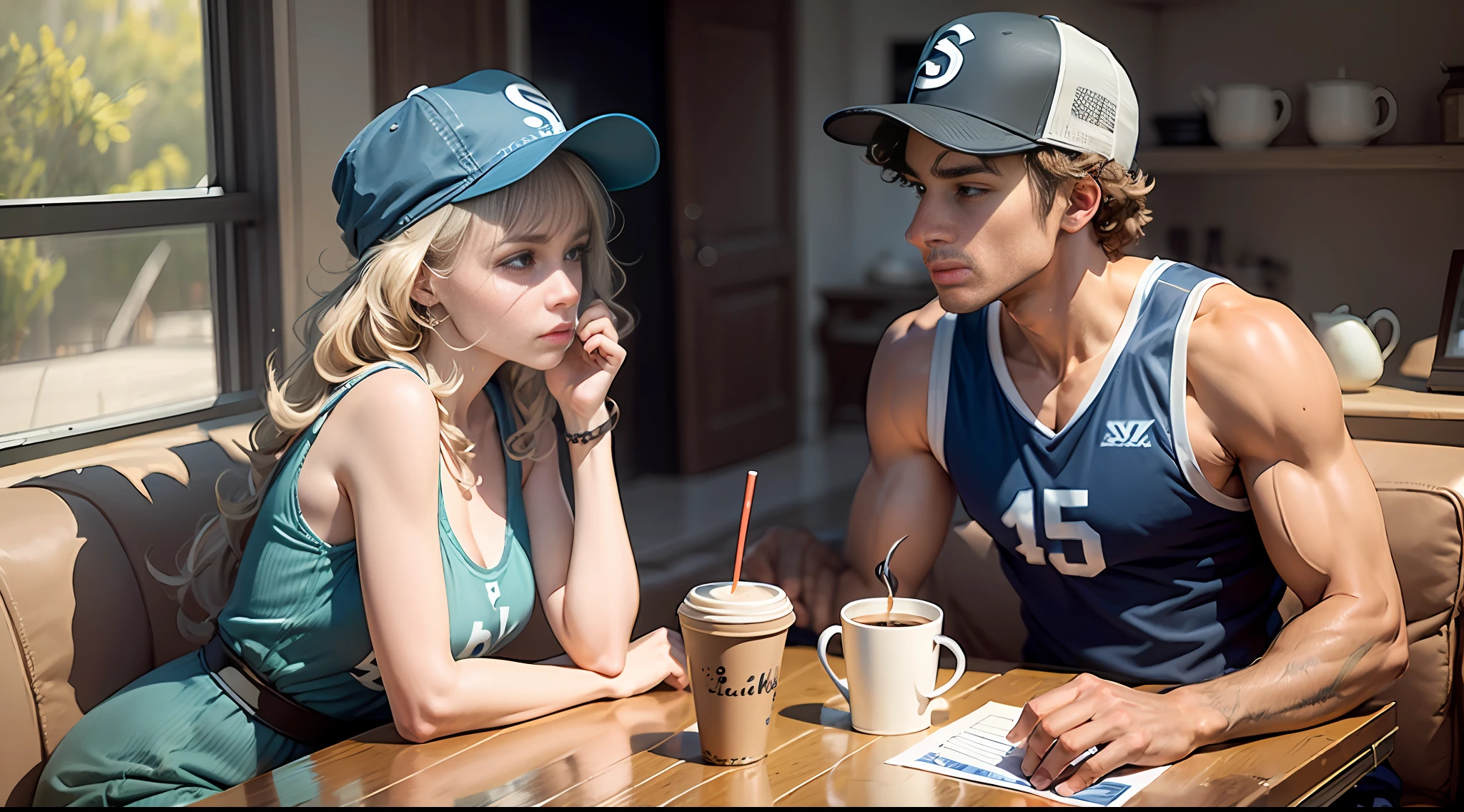 "On the couch sat two people, a woman in her 50s with long curly hair and a blue sleeveless dress, a teenage man wearing a basketball cap with shaggy hair and a gray vest, with three cups of light coffee on the table, looking at each other with a sad face