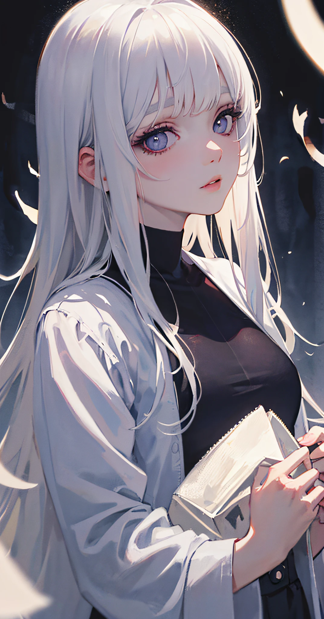 masterpiece, best quality, (dark photo:1.3), photorealistic, 1girl, flat bangs, stunning innocent symmetry face,(white hair),(large breasts), shirt, emotional, ulzzang, (PureErosFace_V1:0.7),(ulzzang-6500:1.6)