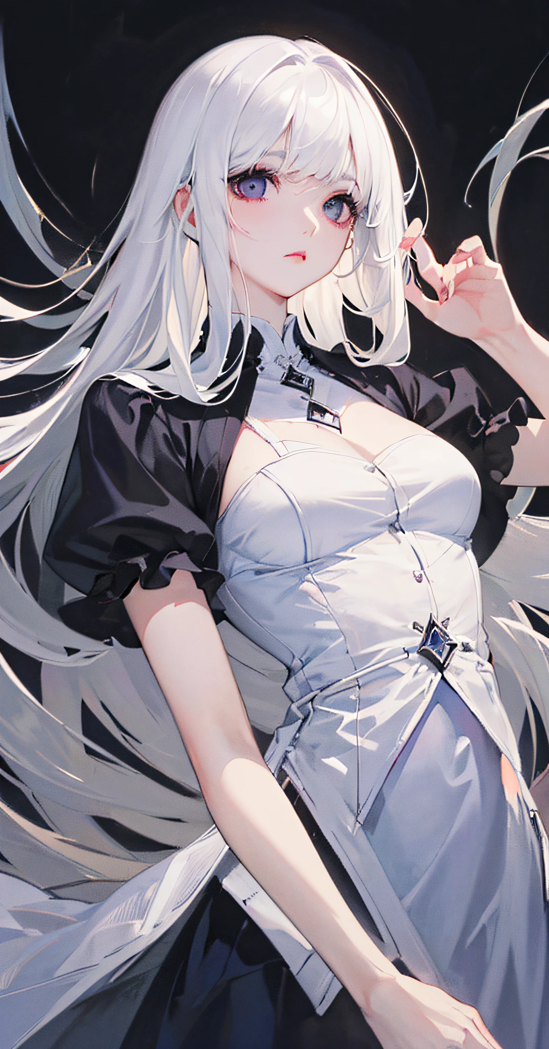 masterpiece, best quality, (dark photo:1.3), photorealistic, 1girl, flat bangs, stunning innocent symmetry face,（white hair），（large breasts）， shirt, emotional, ulzzang, (PureErosFace_V1:0.7)，(ulzzang-6500:1.6)