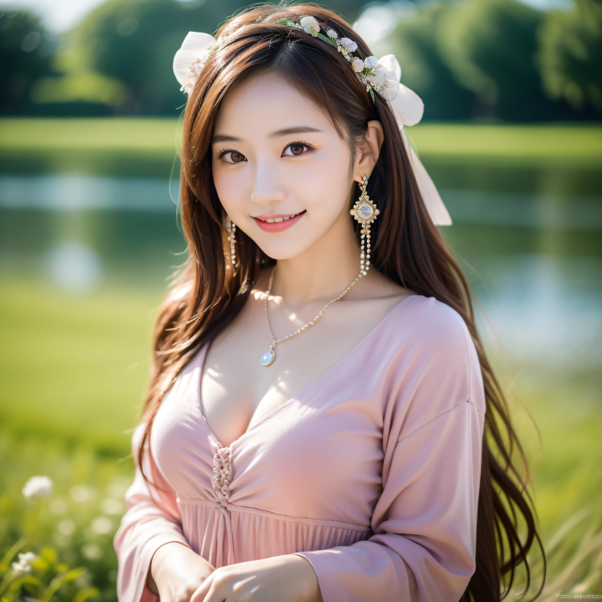 Best, Masterpiece, High Resolution, 1 Girl, Blush, (Seductive Smile: 0.8), Hair Accessory, Necklace, Jia, Tyndall Effect, Realism, Light Edge, Two-tone Lighting, (High Detail Skin: 1.2), 8K Ultra HD, DSLR, High Quality, Volume Lighting, Sneak Peek, Photo, High Resolution, 4K, 8K, Background Bokeh, Gorgeous Clothes, Earrings, 35mm, High Detail Hair, Upper Body, Bust, Portrait, Ultra Clear Face, (Lakeside, Meadow)