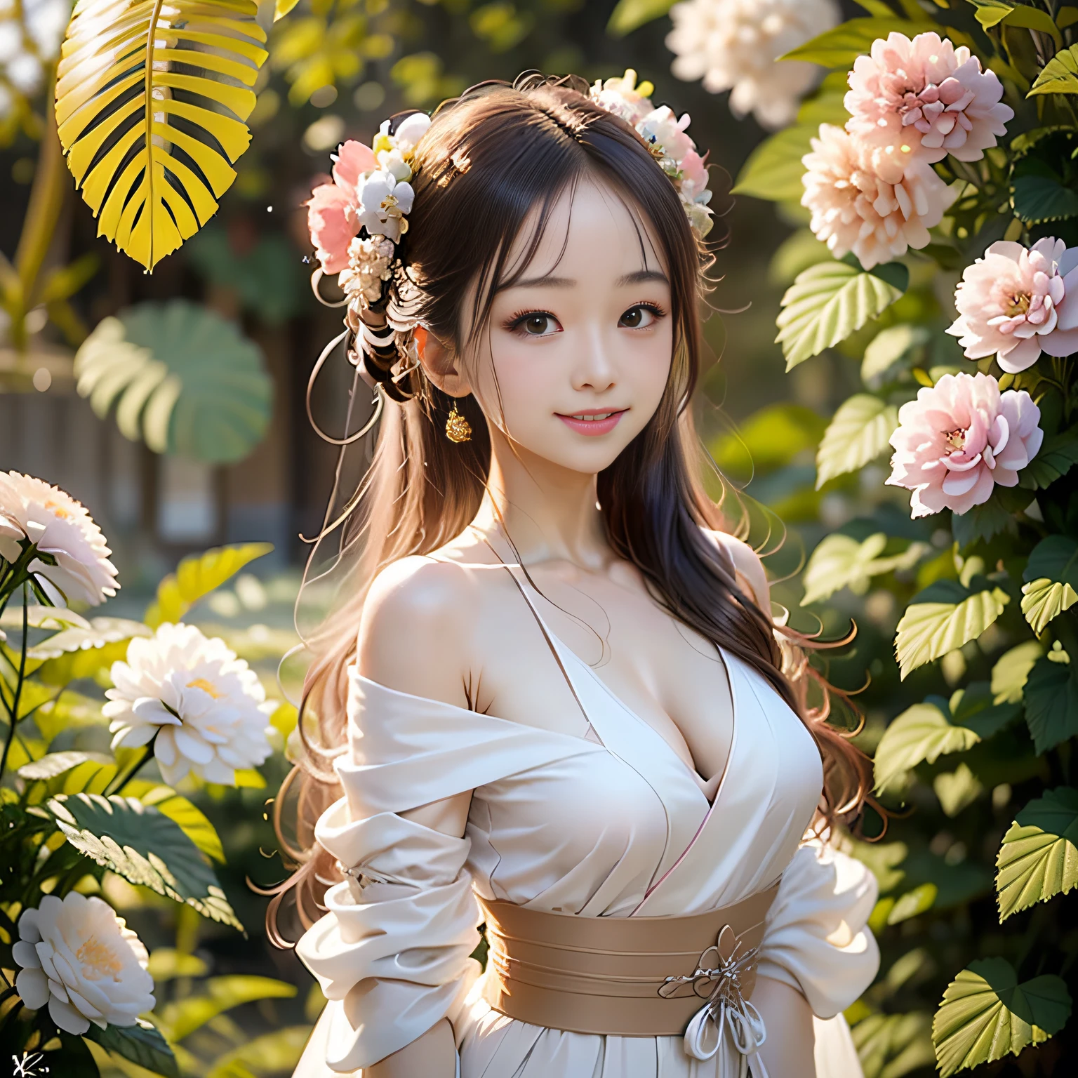 Extremely detailed CG Unity 8k wallpaper, best lighting, super detailed, best quality, high resolution, ethnic style girl, soft light, beautiful hair, pink and white hanfu costume, open space, white silk, bright colors, smile, standing in a sea of begonia flowers