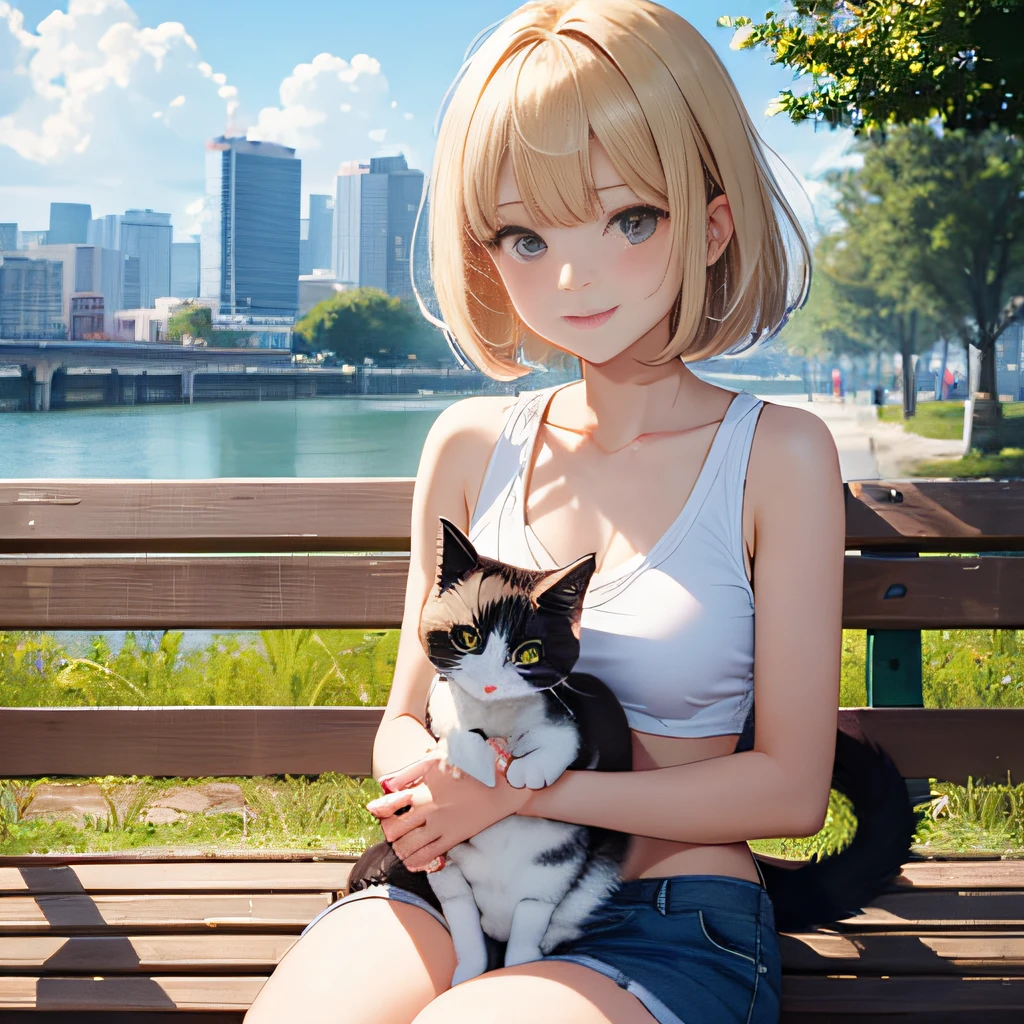 {masterpiece, best quality, extremely detailed CG, unity 8k wallpaper, cinematic lighting}}, Under a clear sky, in a park bench facing Yokohama Port, we find our protagonist, a beautiful and adorable girl. With a smiling face, she sits on the bench, cradling a kitten in her arms. She has a blonde short bob:1.5, and her eyes are a captivating shade of blue, with double eyelids and long lashes. She has long limbs, a slender waist, and is dressed in a white tank top that reveals her midriff:1.5, paired with distressed denim shorts:1.4. Completing her ensemble are white running shoes. The kitten is a black cat：1.2, with its golden eyes, her gazes back at the girl affectionately.