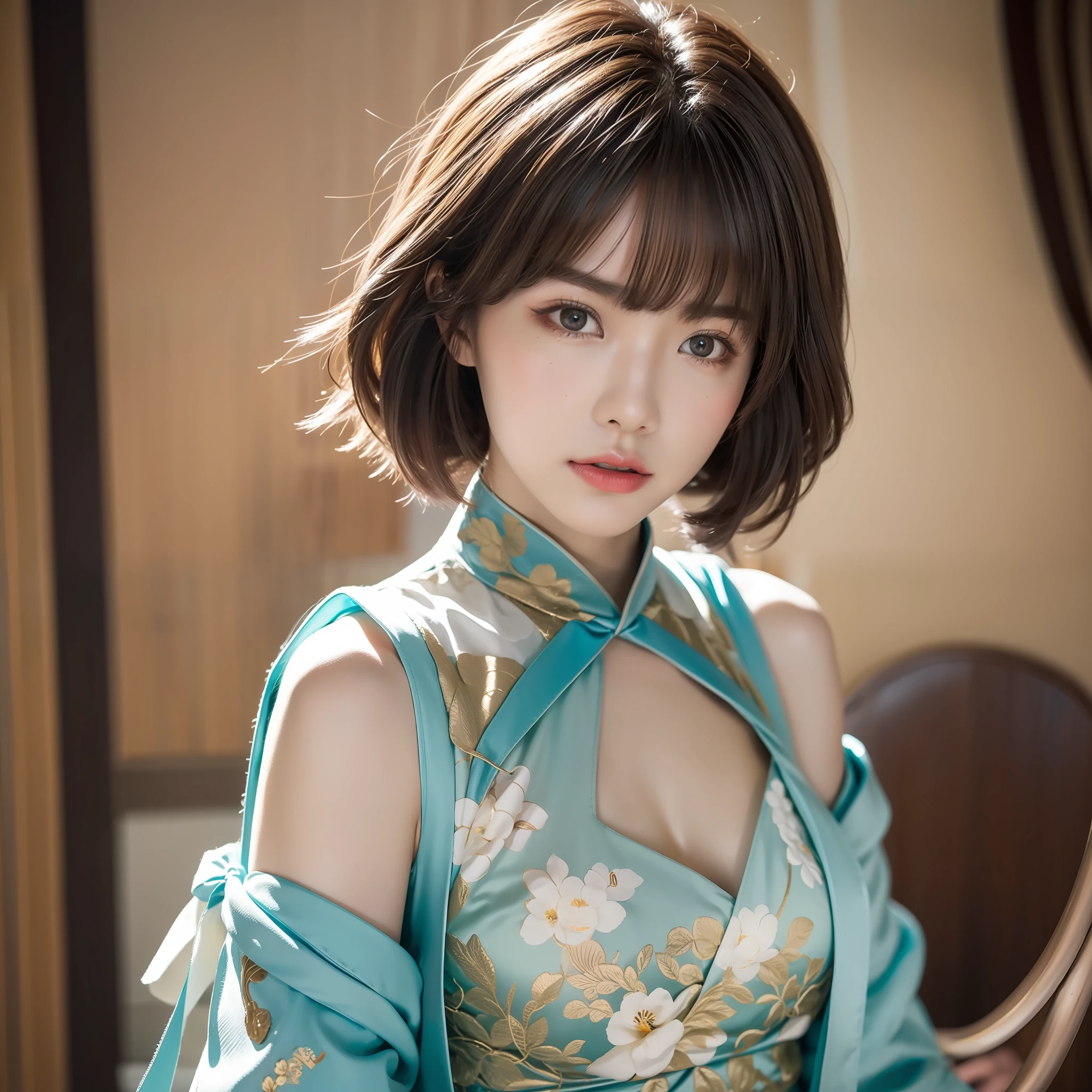 A Chinese girl 18 years old Beautiful eyes, real skin, delicate face, full body picture, hanfu, clothing details, skin details, slim body, delicate and delicate, short hair, black hair, blunt bangs ,beauty, best quality, super detailed, masterpiece, fine detail, high resolution, 8k wallpaper, realistic details, skin details, photoshop \(medium), super detailed, high resolution, extremely detailed, cinematic lighting texture, beautiful, perfect, hd