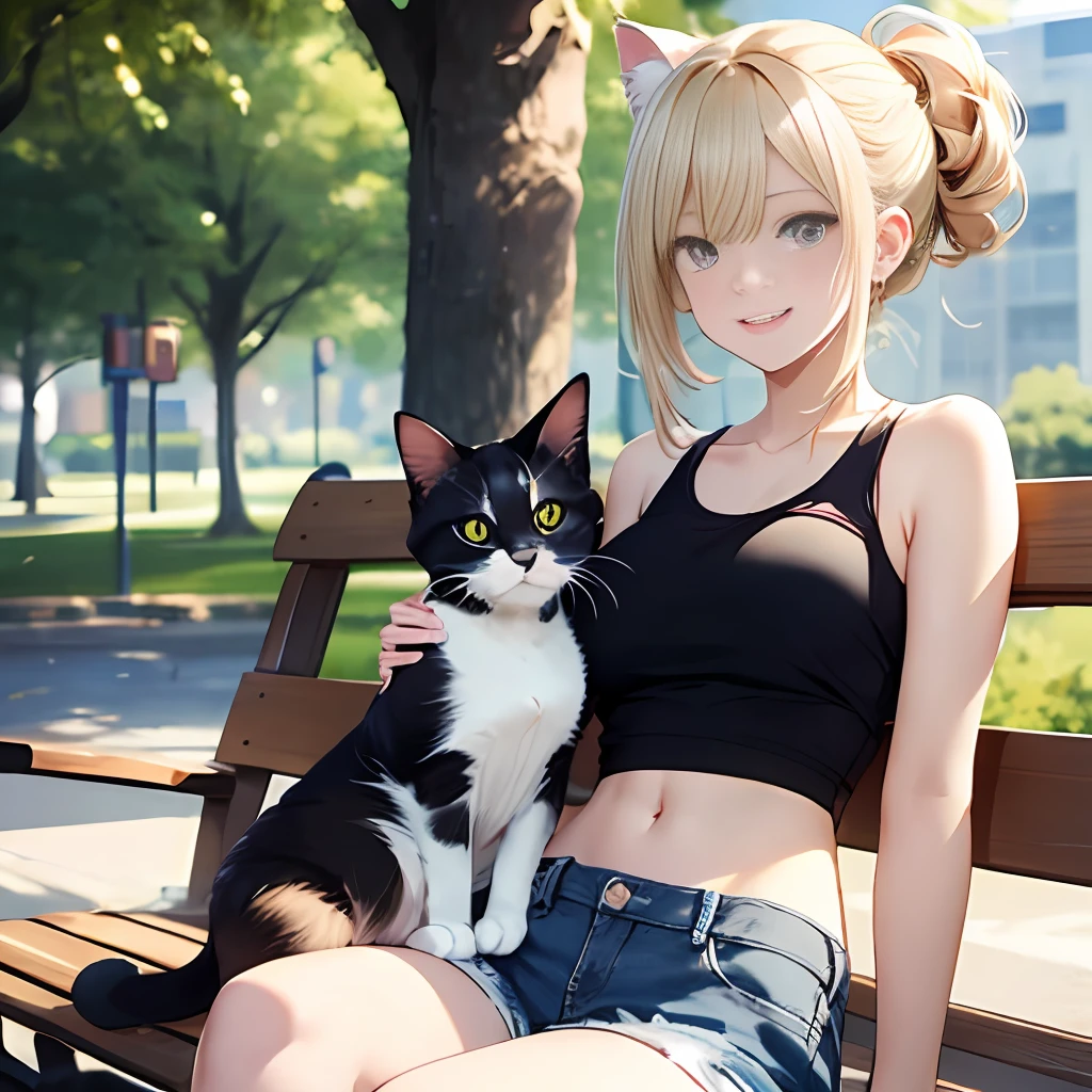 {masterpiece, best quality, extremely detailed CG, unity 8k wallpaper, cinematic lighting}}, Under a clear sky, in a park bench facing Yokohama Port, we find our protagonist, a beautiful and adorable girl. With a smiling face, she sits on the bench, cradling a kitten in her arms. She has a blonde short bob:1.5, and her eyes are a captivating shade of blue, with double eyelids and long lashes. She has long limbs, a slender waist, and is dressed in a white tank top that reveals her midriff:1.5, paired with distressed denim shorts:1.4. Completing her ensemble are white running shoes. The kitten is a black cat:1.2, with its golden eyes, her gazes back at the girl affectionately.