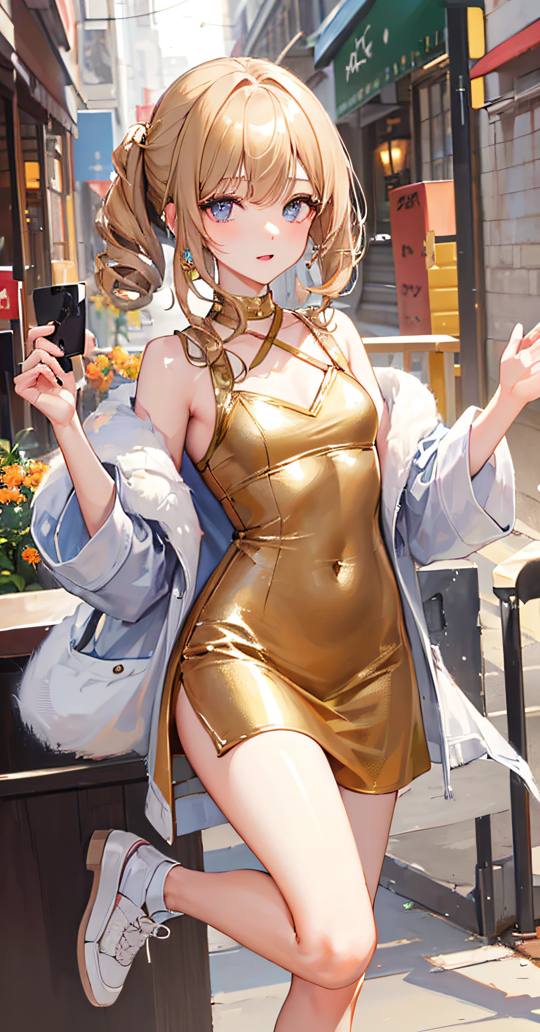 ((Best Quality, 8K, Masterpiece: 1.3)), 1girl, Slim Abs Beauty: 1.3, (Casual hairstyle, slender legs, small white shoes: 1.2), Gold dress: 1.1, Super fine face, Detailed eyes, Double eyelids, shyness,