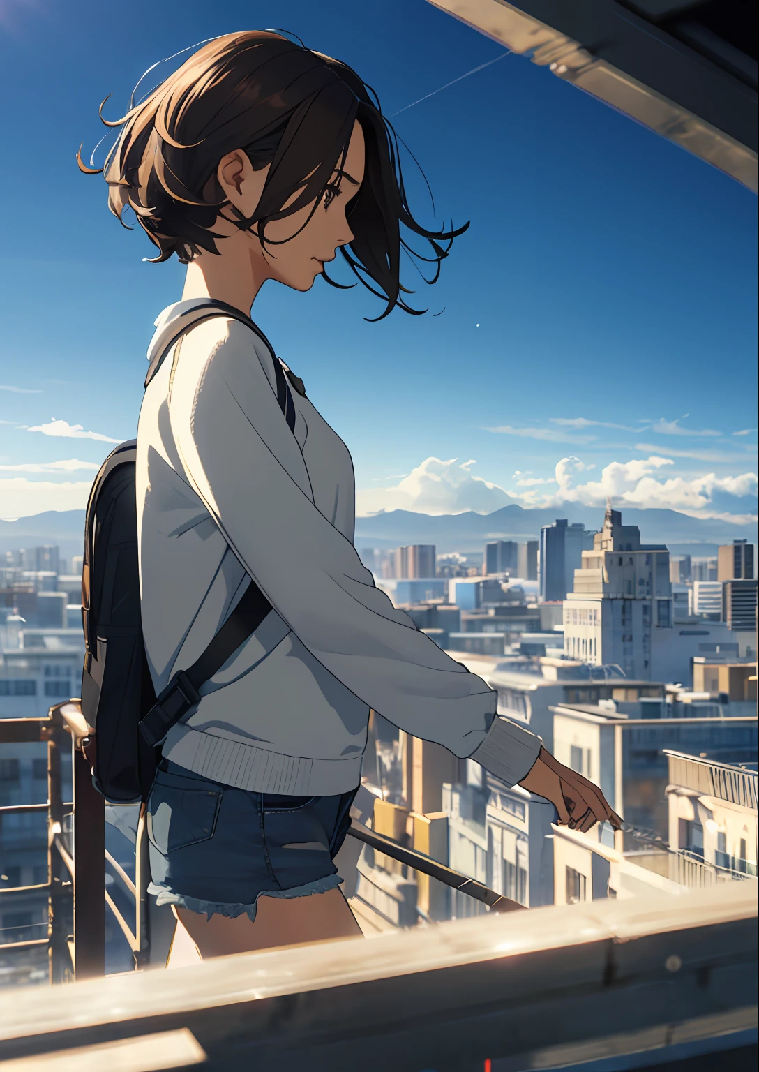 (beautiful and magnificent skyline, majestic sky), well-groomed facial features, (very tense dramatic pictures, moving visual effects), (Polaris hanging high, colorful natural light), (1 girl), (carrying a long-sleeved top, denim shorts, backpack), (dynamic pose: 1.3, black eyes, black princess-cut hair, shining girl) [:0.8], (wide prairie), ( Approaching Breeze), (Brown Hair and Background Adjustment Effects: 1.2), (Close Shot, Long Shot Mix and Match) [::0.9]
