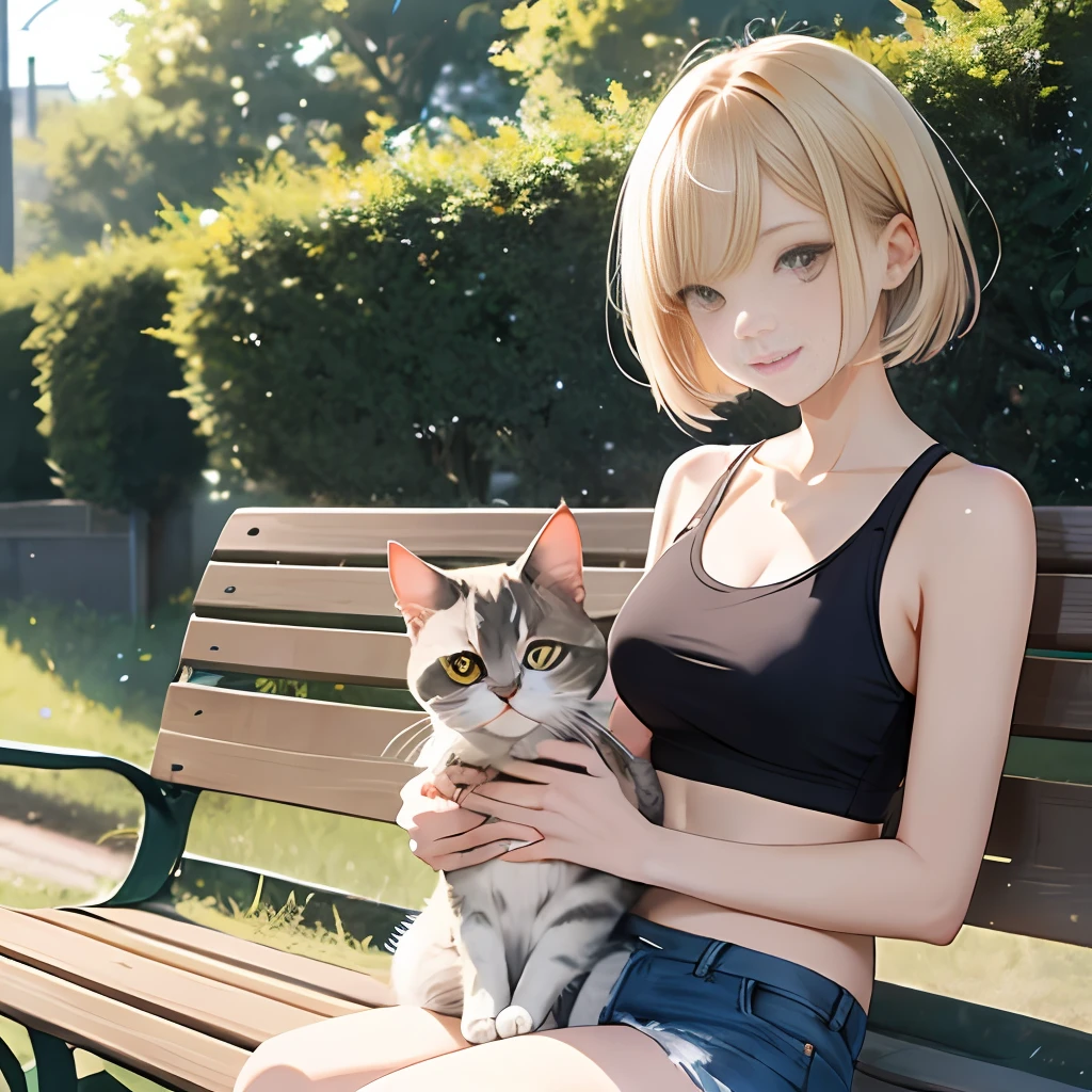 {masterpiece, best quality, extremely detailed CG, unity 8k wallpaper, cinematic lighting}}, Under a clear sky, in a park bench facing Yokohama Port, we find our protagonist, a beautiful and adorable girl. With a smiling face, she sits on the bench, cradling a kitten in her arms. She has a blonde short bob:1.5, and her eyes are a captivating shade of blue, with double eyelids and long lashes. She has long limbs, a slender waist, and is dressed in a white tank top that reveals her midriff:1.5, paired with distressed denim shorts:1.4. Completing her ensemble are white running shoes. The kitten is a black cat:1.2, with its golden eyes, her gazes back at the girl affectionately.
