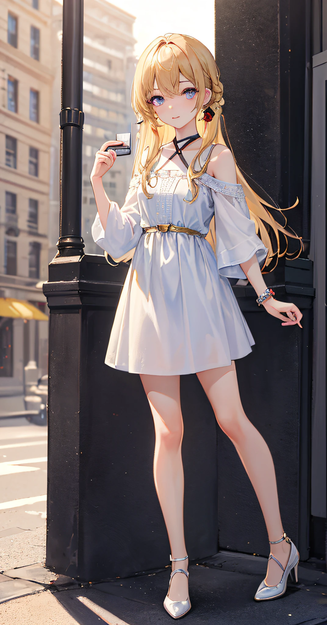((Best Quality, 8K, Masterpiece: 1.3)), 1girl, Slim Abs Beauty: 1.3, (Casual hairstyle, slender legs, small white shoes: 1.2), Gold dress: 1.1, Super fine face, Detailed eyes, Double eyelids, shyness,