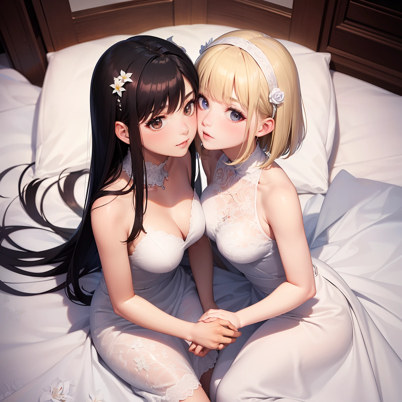 2 beautiful girls, couples, lilies, 8K, top quality, masterpiece (3G), long-haired with black hair, 22 years old, Japan person, blonde bob cut, 24 years old, foreigners, always detailed background (high image quality quality) church, 2 pure white prom dresses, wedding, vow kiss, upper body, from above,