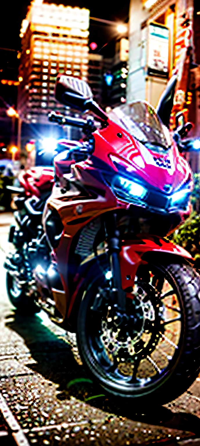 there is a red motorcycle parked on the side of the road, front lit, hyper realistic ”, hyper realistic”, front side full, front profile!!!!, nighttime!!, taken in the night, !! low contrast!!, red and cinematic lighting, mid shot portrait, by Robbie Trevino, red neon, frontshot, by Drew Tucker, front profile, by Niko Henrichon