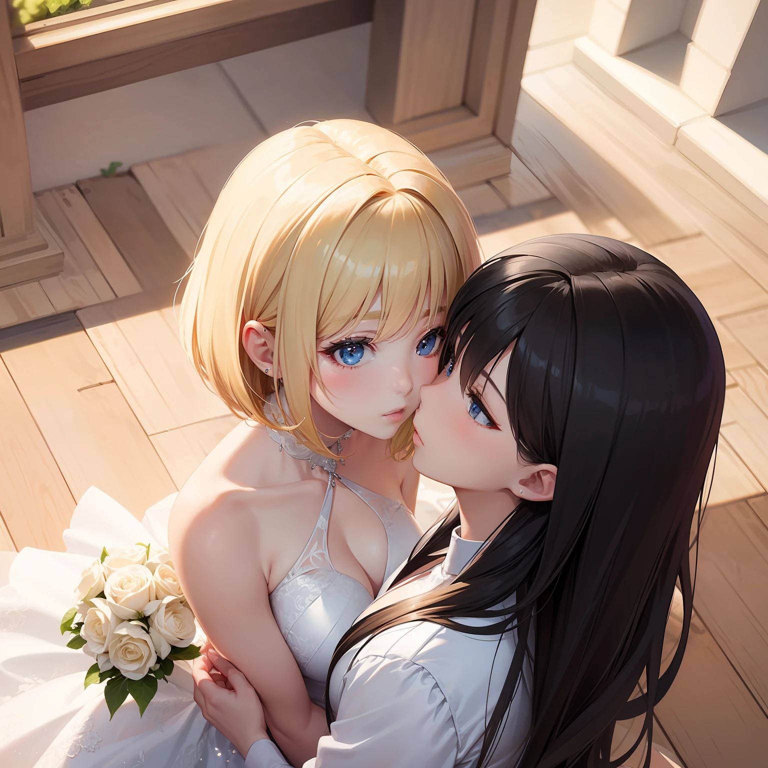 2 beautiful girls, couples, lilies, 8K, top quality, masterpiece (3G), long-haired with black hair, 22 years old, Japan person, blonde bob cut, 24 years old, foreigners, always detailed background (high image quality quality) church, 2 pure white prom dresses, wedding, vow kiss, upper body, from above,