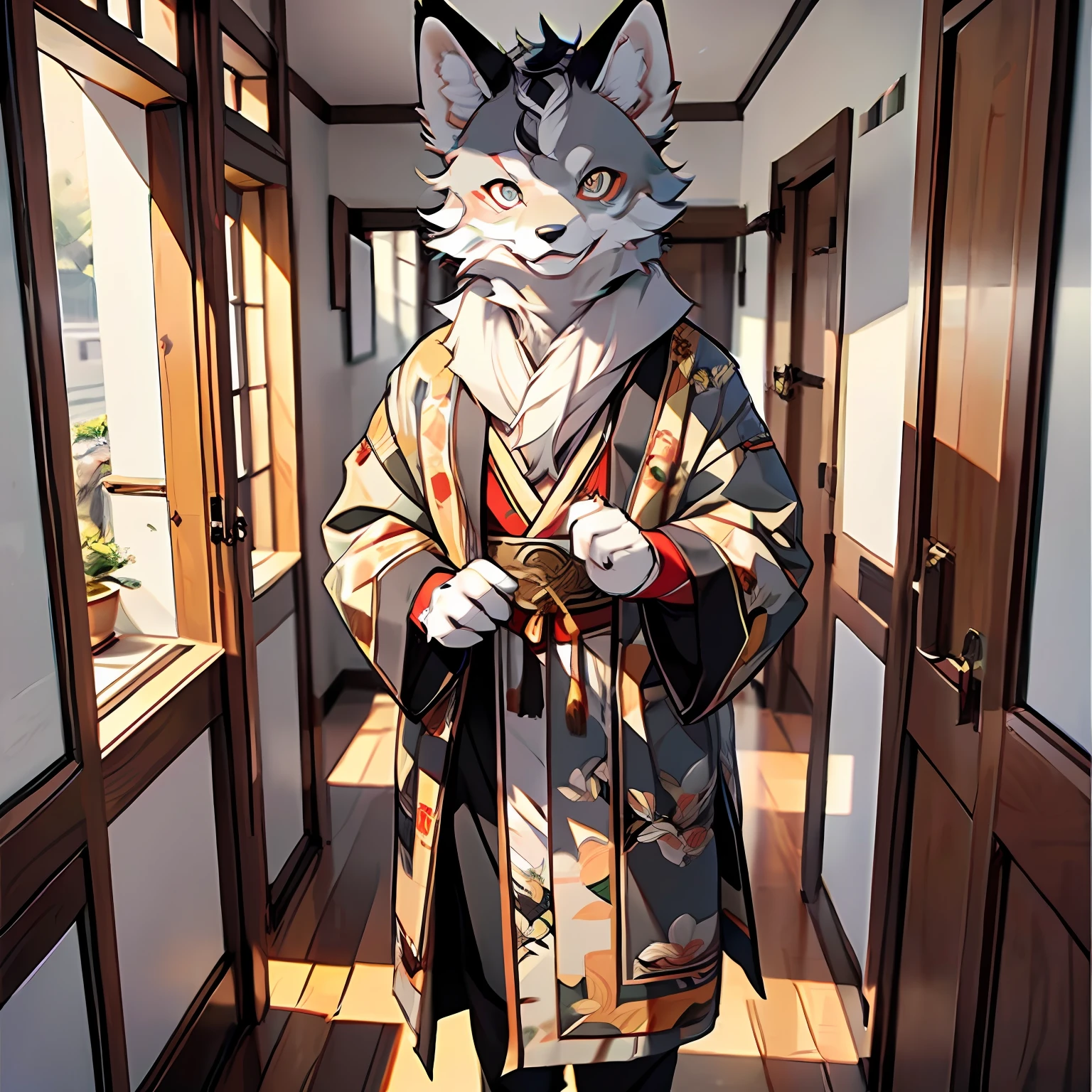 Masterpiece, high detail, super high quality, high resolution, 1080P, ((single)), furry, (male arctic fox: 1.5), (gray fur: 1.5), (gray skin: 1.5), gray ears, (golden eyes 1.5), gray canine paws, detailed figures, (furry feeling of animal ears), sharp, dressed in traditional Chinese costume, standing in wooden corridor, showing teeth, detailed background