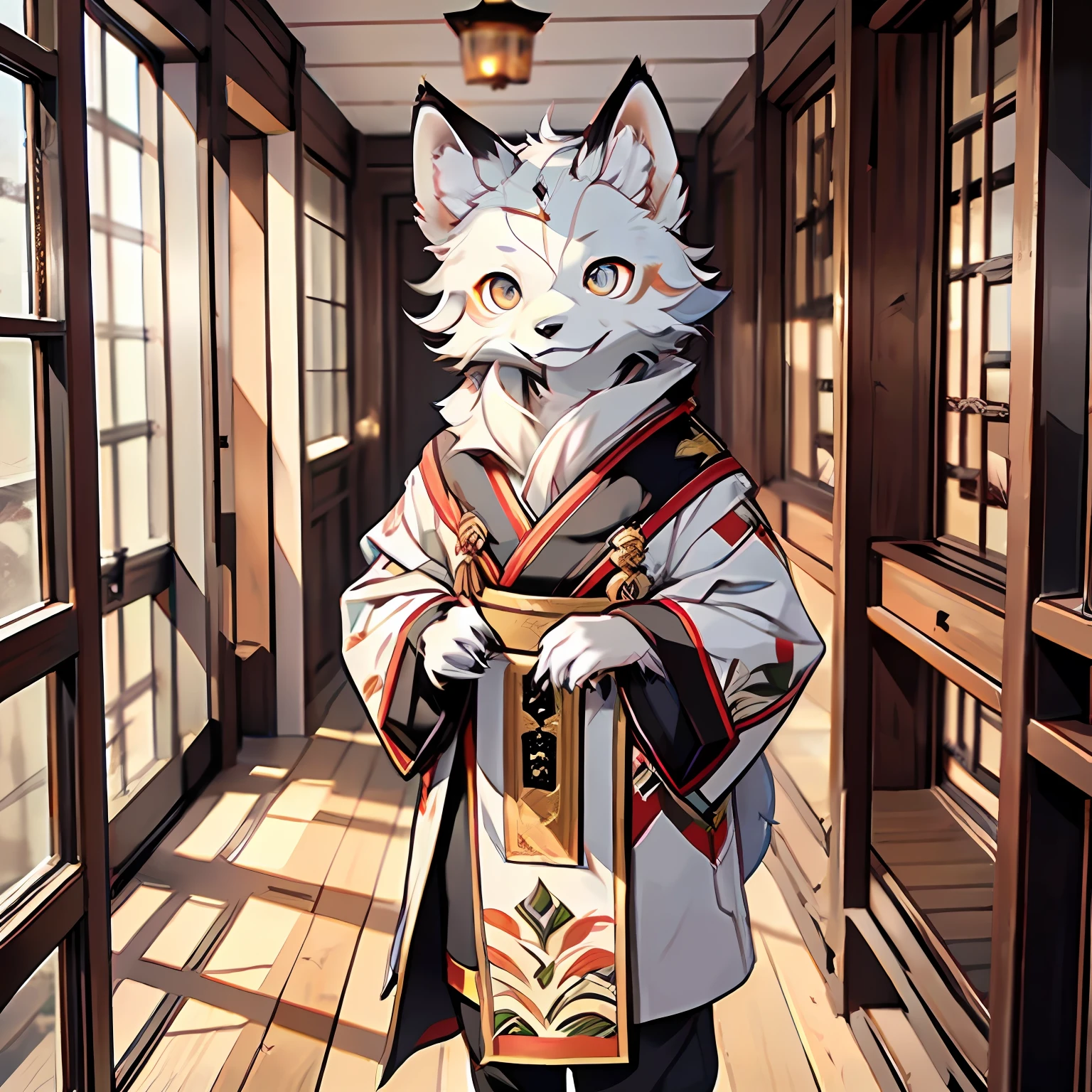 Masterpiece, high detail, super high quality, high resolution, 1080P, ((single)), furry, (male arctic fox: 1.5), (gray fur: 1.5), (gray skin: 1.5), gray ears, (golden eyes 1.5), gray canine paws, detailed figures, (furry feeling of animal ears), sharp, dressed in traditional Chinese costume, standing in wooden corridor, showing teeth, detailed background