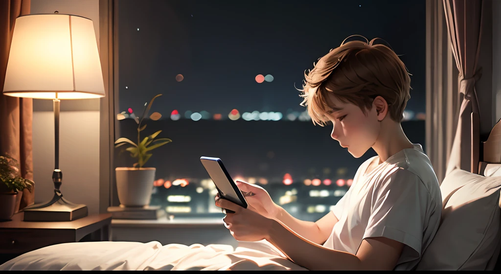 Night by the window in bed High school boy playing with mobile phone --auto