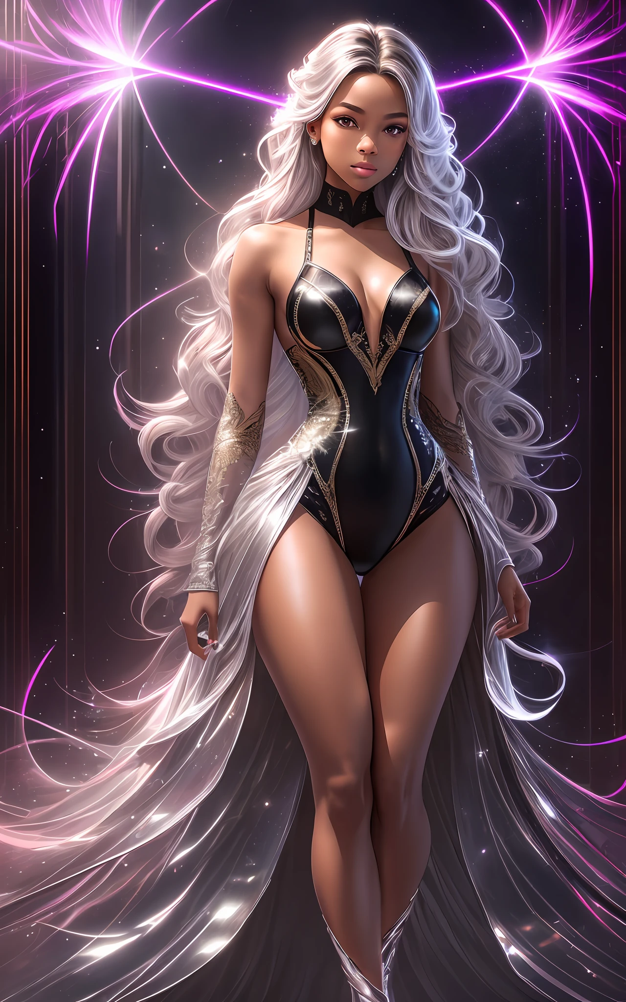 award winning 64k concept art of (black 1girl:1.2) in light pink majestic open dress standing bravely, turned head to the side, posing, epic, god rays, centered, upper body, (masterpiece:1.2), (best quality:1.2), Amazing, highly detailed, beautiful, finely detailed, warm soft color grading, Depth of field, extremely detailed 64k, fine art, stunning, iridescent, shiny, (light reflections:1.2), (crisp:1.5), silver curls, storm, vibrant, sunlit, (edge detection:1.2), absurdres, impressive, 120mm, outlining, wide thighs, mirrors, luminous, mirrors in the background, glittering, reflections, lights