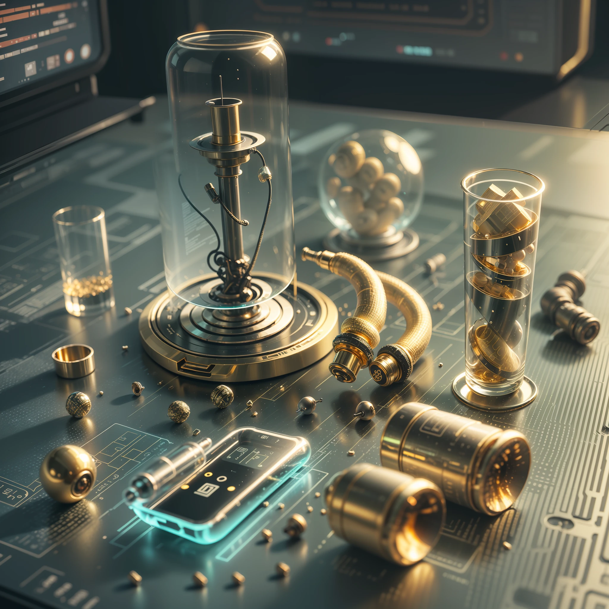 On the Futuristic cyberpunk table lie transparent gold and glass tampon, kegel balls, gold hearing aid, small gold earphones, hearing aid, nose plug, earplug, this stuff lie on futuristic table, futuristic 3d printer print gold cylindrical small slippery corks, in small technical Futuristic cyberpunk room