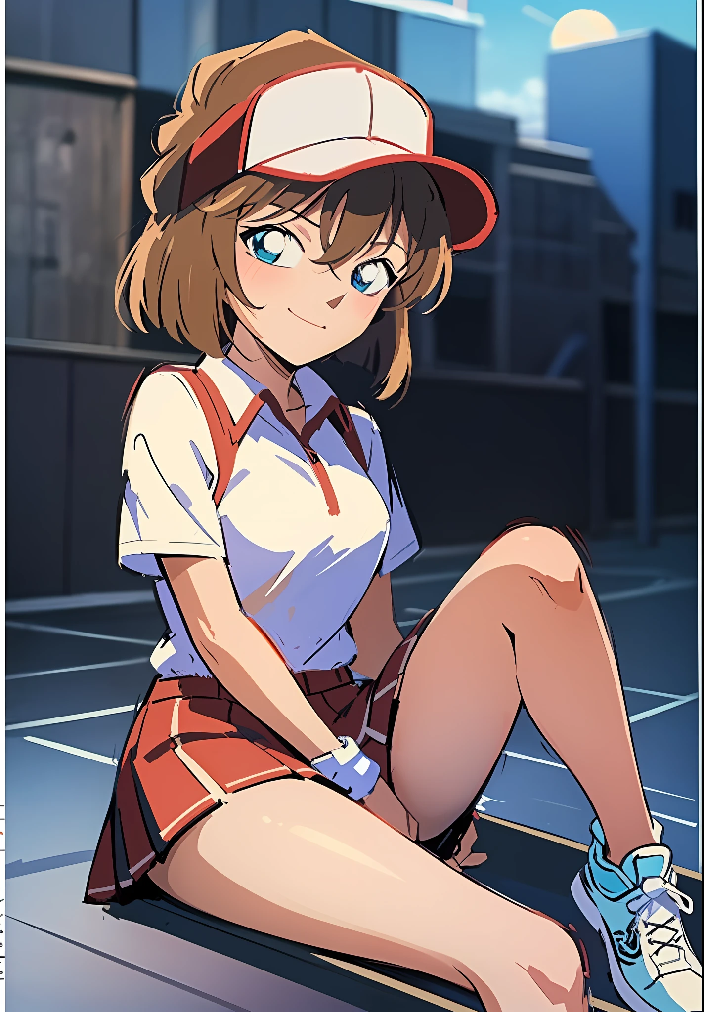 (((Masterpiece))), (8k, high_resolution), Cartoon, (distinct_image), ((1 Girl, Solo)), Highly Detailed CG, ((Best Quality)), (Detective Conan\(Style\), Detesib Conan\(Style\), Detective Conan), Solo, Beautiful Eyes and Detailed Face, ((Light Smile: 1.1)), (Abs: 0.8), ((Cowboy Shot)),((1 girl, solo)), ((short hair))Ai Haibara, tennis, tennis court, sun visor, sitting, skirt, white tennis uniform,