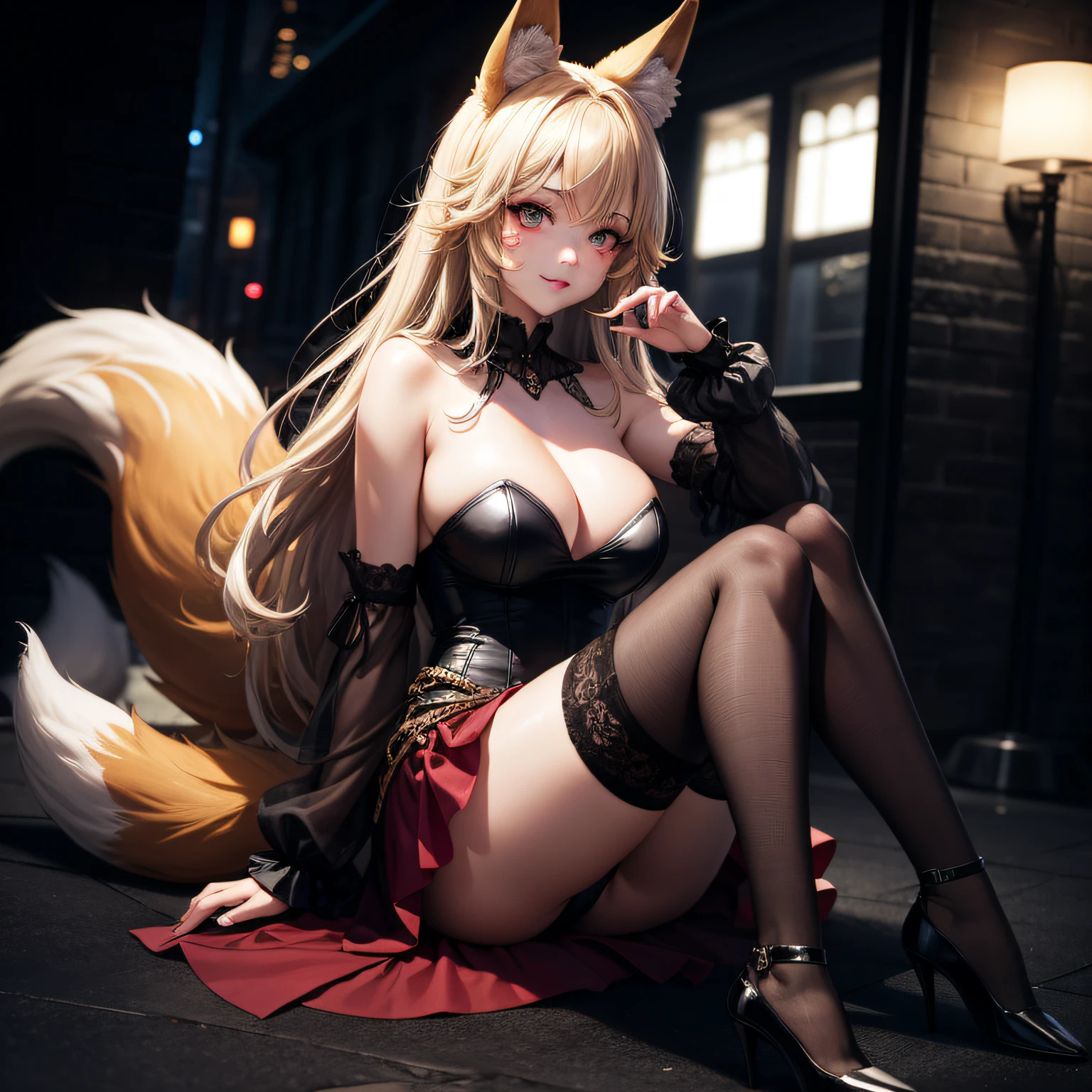 best quality,masterpiece,highres,cg, 1girl, animal ears, tail, fox ears, solo, fox tail, breasts, thighhighs, blonde hair, multiple tails, high heels, large breasts, heart, long hair, cleavage, black thighhighs, looking at viewer, bare shoulders, facial mark, dress, whisker markings, fingernails, underwear, alternate costume, fox girl, full body, lighting,candid,Photograph,high resolution,4k,8k,Bokeh,detail face and eyes, --auto