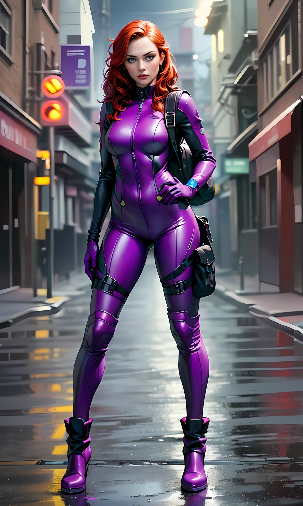 (
(Character: one escapist woman, irish, Sculptural Body:1.3, redhead, blue eyes, medium and wavy red hair, long legs)
(Clothing: purple futuristic jumpsuit, boots, backpack,leg holster)
(Pose: full body shot:1.7, Mid-step, as if sneaking)
(Background:dark alley, intense urban lights in background, rain, purple color scheme)
(Style: ((Best quality)), ((masterpiece)), (face detailed), photo-realistic:1.3, hyperrealistic)
)