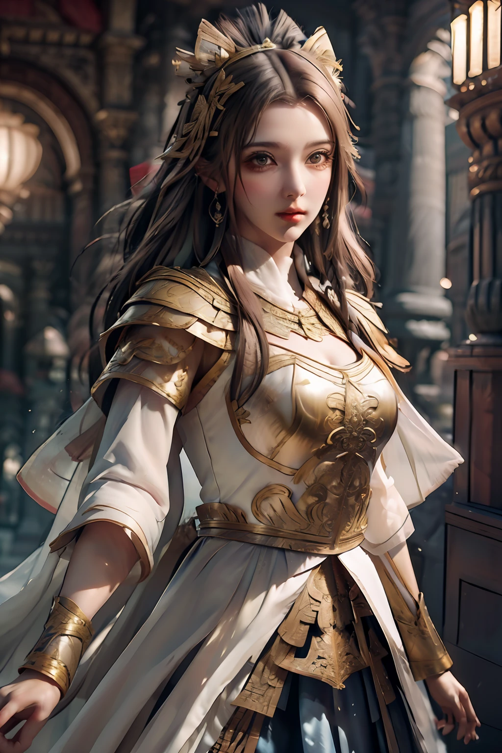 （（Obra-prima）））， （（（best qality）））， （（Ultra-DETAILED））， （The ultra-Realistically）， （Highly detailed CG illustration）， cinematic light， PhotoRealistic， extremely beautiful young lady， Light makeup， Intricate details eaba， White complex cloak， dynamicpose， length spear，Gorgeous fairy decorations and armor