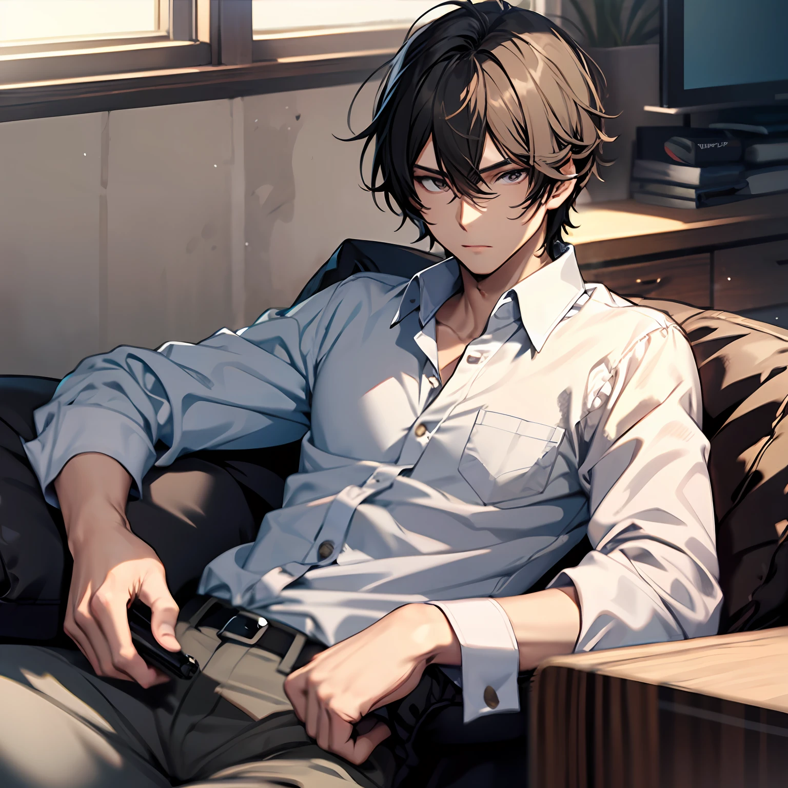 Masterpiece, best quality, a guy, wearing an inch shirt, cold eyes, sofa, living room