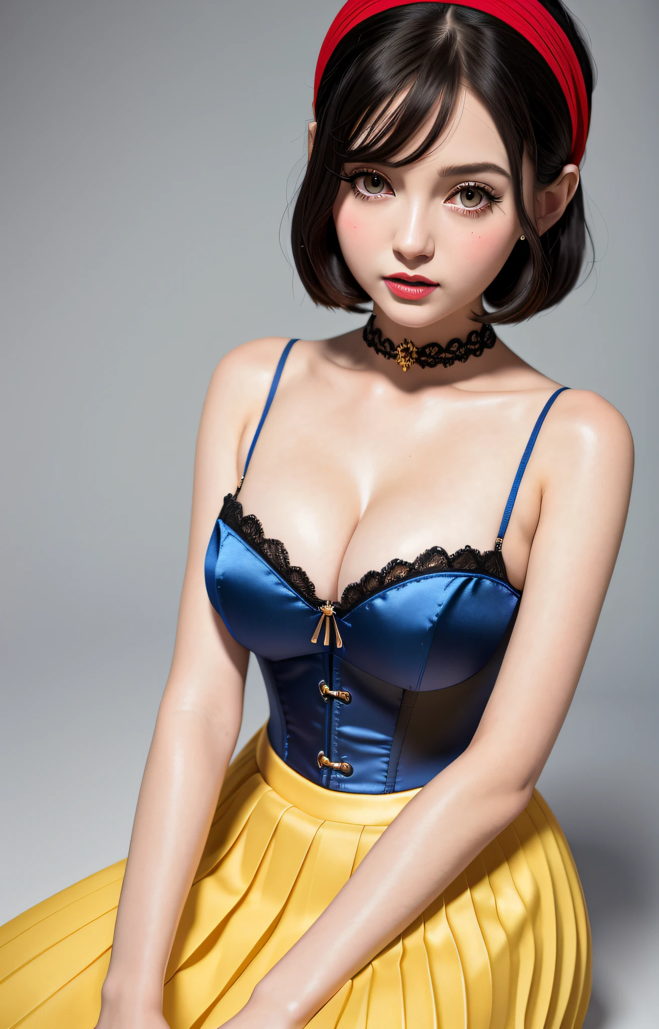 (Best quality details:1.2),realistic,8K UHD,High definition,(1girl:1.2),Ultra Detailed,High quality texture,intricate details,detailed texture,finely detailed,high detail,extremely detailed cg,High quality shadow,Detailed beautiful delicate face,Detailed beautiful delicate eyes,Depth of field,Ray tracing,20's,Pretty Kpop girl,(korean ulzzang face:1.1),slender face,(ulzzang-6500-v1.1:0.6),PureErosFace_V1,Glow Eyes,blush,glossy lips,perfect body, ((silk yellow pleated skirt), blue corset, red puffed shoulders)), (black hair, bob haircut, red headband),(1boy), squatting cowgirl position, vaginal, pov,
looking at viewer, boyfriend view, hands on breasts