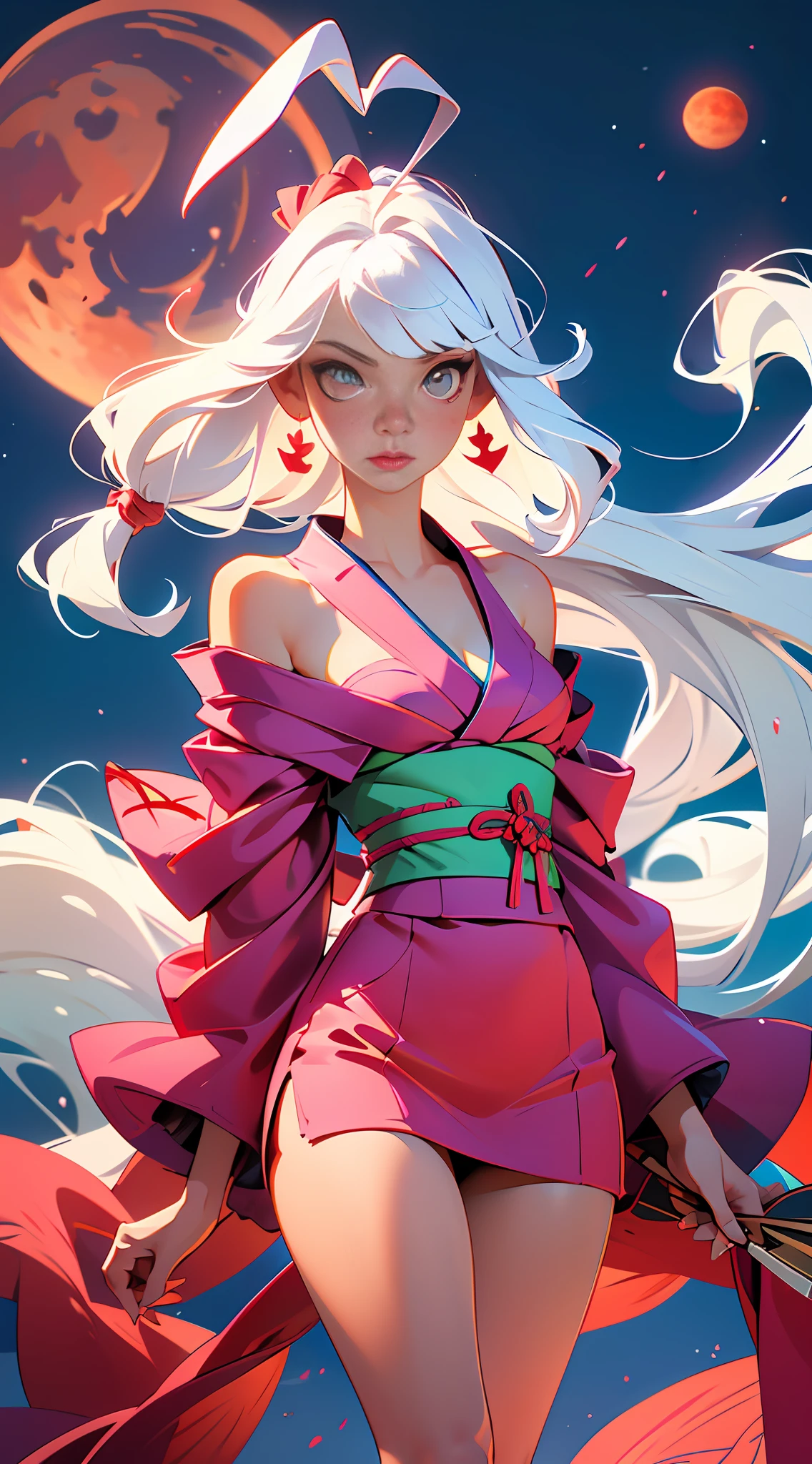 Best Image Quality, MasterPiece, Ultra High Resolution, (Accuracy: 1.4), Photo, 1 girl, model in the center walking in front of the camera, unbuttoned kimono, fishnet stockings, ribbon, white hair, long straight hair, bangs, (rabbit), whole body, medium breasts, bare breasts, beautiful legs, slender legs, very long hair, night sky background, red moon, extremely detailed eyes and face, beautiful detailed eyes, halo around the head, dull, dark, film, 1.5), (erotic clothing: 1.4), bare shoulders.