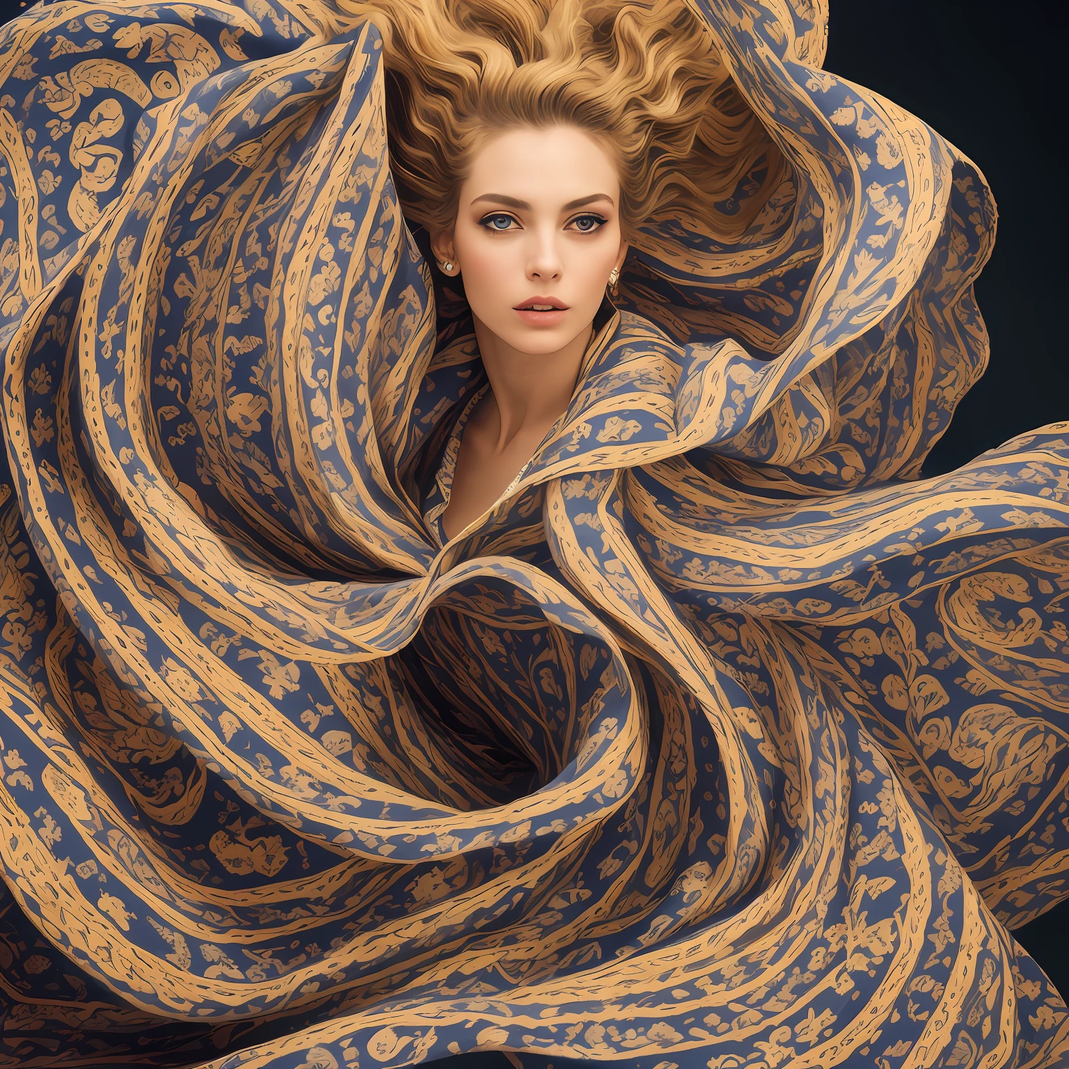 Masterpiece, dress, high quality, art muse, surrounded by swirling fabric, (fabric detail:1.2), (intricate fabric folds:1.2), photographed by peter lindbergh and dave lachapelle, closeup, Sony A9 II, f2.0, iso 100, dynamic composition, serene expression, primal energy, elemental beauty, high resolution, uhd, hdr, vogue photoshoot, Laocoön, iris flare