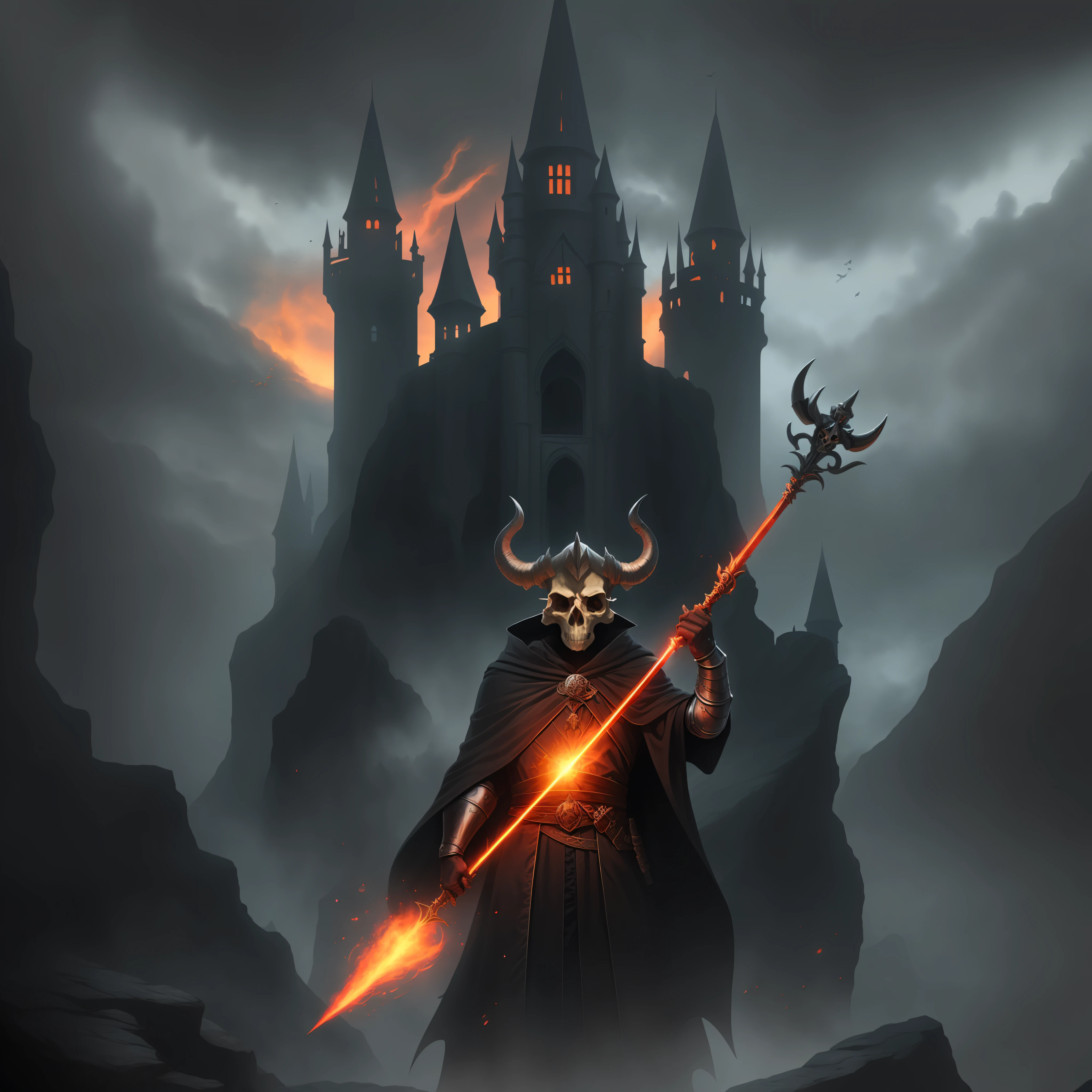 Horned skulls, wearing black robes, red eyes, wielding magic wands, like knights, Standing in a castle on a cliff, Red mist
