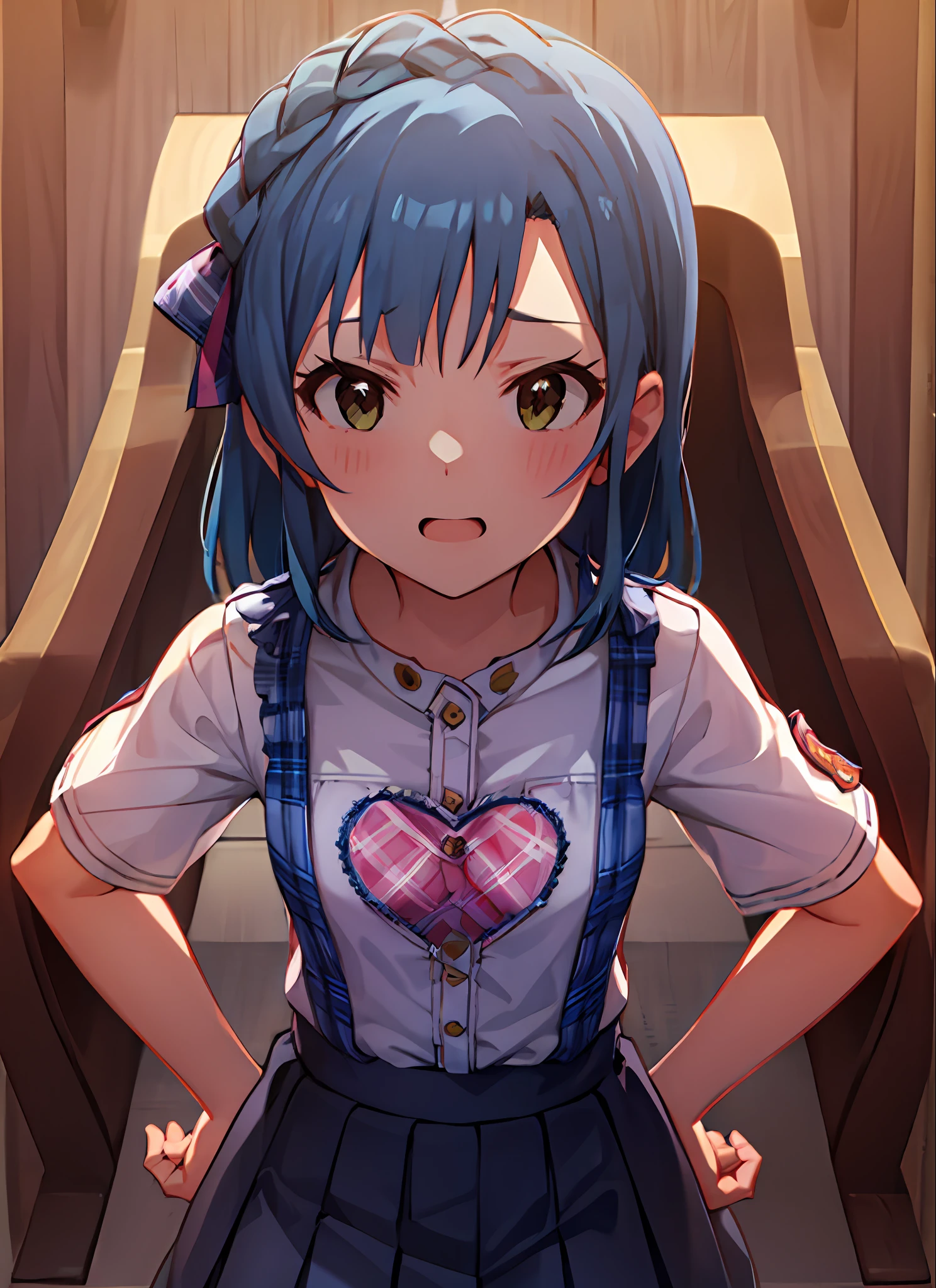 Yuriko Nanao (Million Live), (Top Quality, 8K, Masterpiece, Super Detail: 1.2), Cinematic Angle, Wide Shot, 1 Girl, Solo, Skirt, Watch Audience, Sailor Color, Pleated Skirt, Short Sleeves, School Uniform, Blush, Serafuk, Clavicle, Ribbon, Upper Body, Adjusted Hair, Wind, Floating Hair, Hands on Hips, Chest Stretching, Despair Face, Night, View from Above, Heart on Chest.