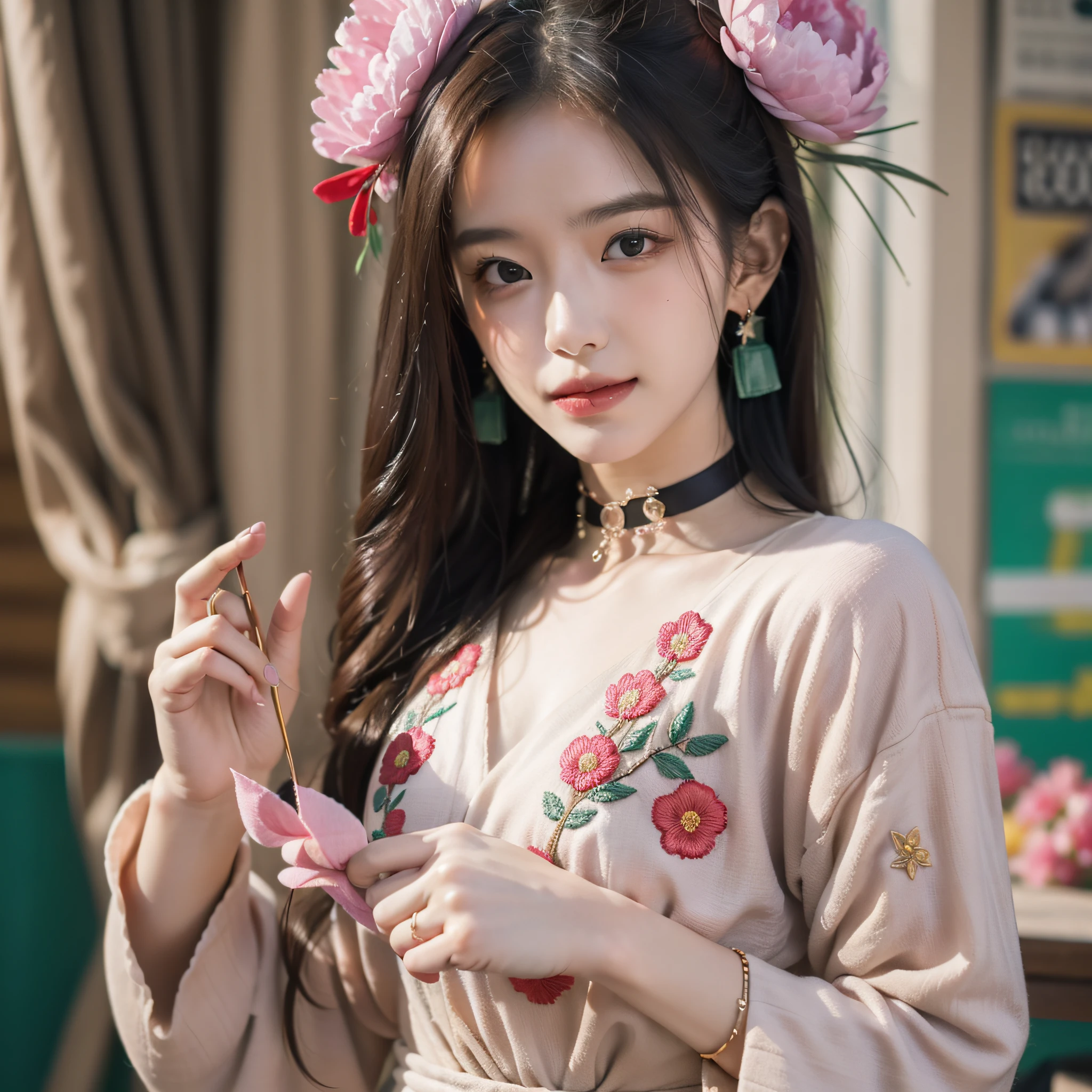 Best, Masterpiece, High Resolution, 1 Girl, Blush, (Seductive Smile: 0.8), Hair Accessory, Necklace, Jia, Tyndall Effect, Realism, Light Edge, Two-tone Lighting, (High Detail Skin: 1.2), 8K Ultra HD, DSLR, High Quality, Volume Lighting, Sneak Peek, Photo, High Resolution, 4K, 8K, Background Bokeh, Gorgeous Clothes, Earrings, 35mm, High Detail Hair, Upper Body, Bust, Portrait, Ultra Clear Face, (Lakeside, Meadow)