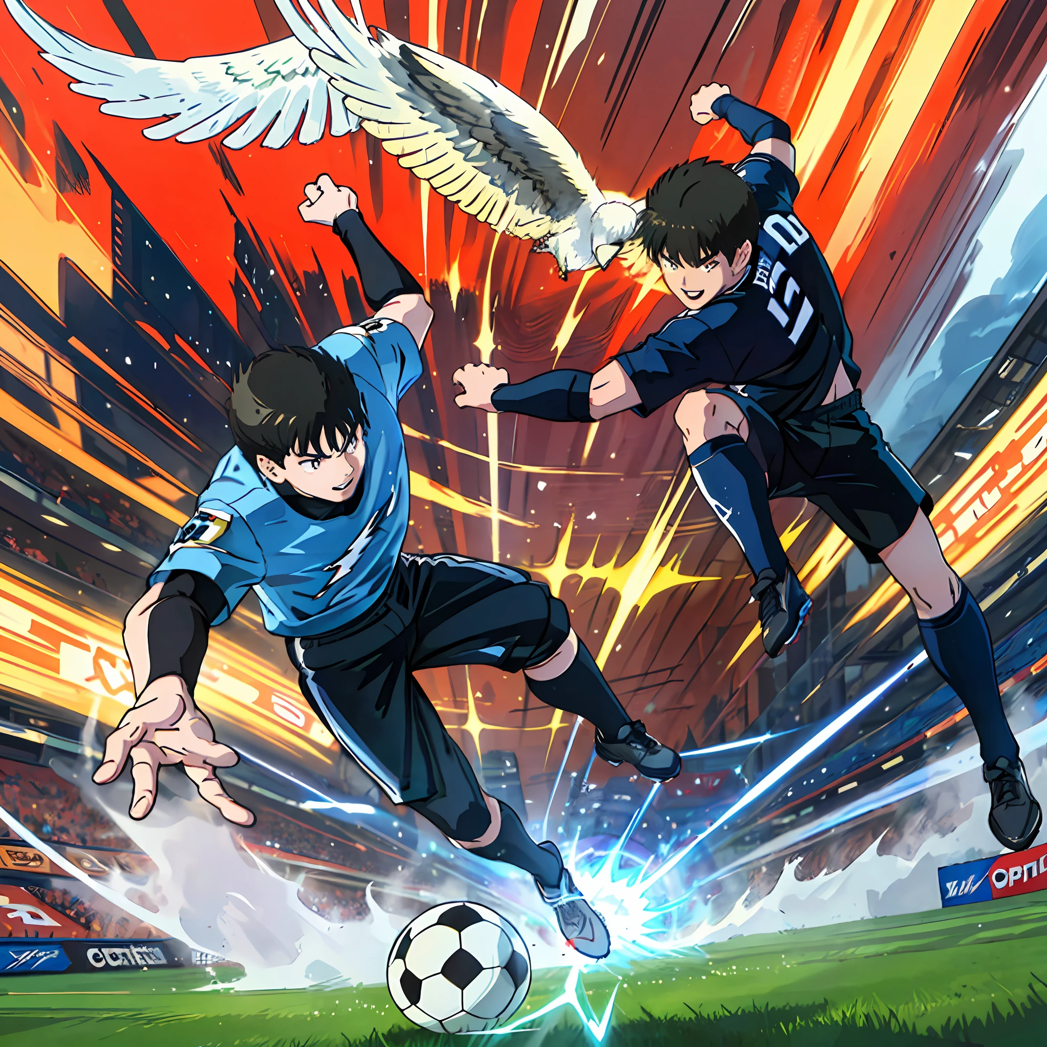 (masterpiece, best quality;1.3), extremely detailed ,ultra detailed,  1boy kicking soccer ball, looking forward,captaintsubasa,  soccer player, panther shot,  eagle image,  lightning around , speed lines,
stadium background