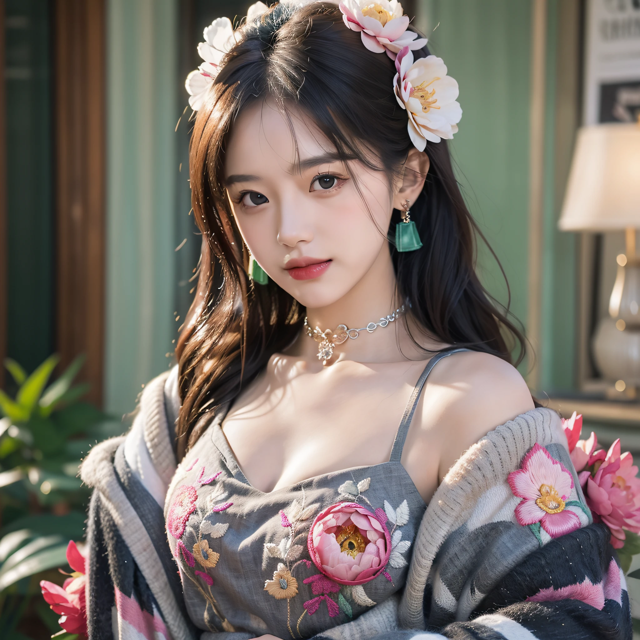 Best, Masterpiece, High Resolution, 1 Girl, Blush, (Seductive Smile: 0.8), Hair Accessory, Necklace, Jia, Tyndall Effect, Realism, Light Edge, Two-tone Lighting, (High Detail Skin: 1.2), 8K Ultra HD, DSLR, High Quality, Volume Lighting, Sneak Peek, Photo, High Resolution, 4K, 8K, Background Bokeh, Gorgeous Clothes, Earrings, 35mm, High Detail Hair, Upper Body, Bust, Portrait, Ultra Clear Face, (Lakeside, Meadow)