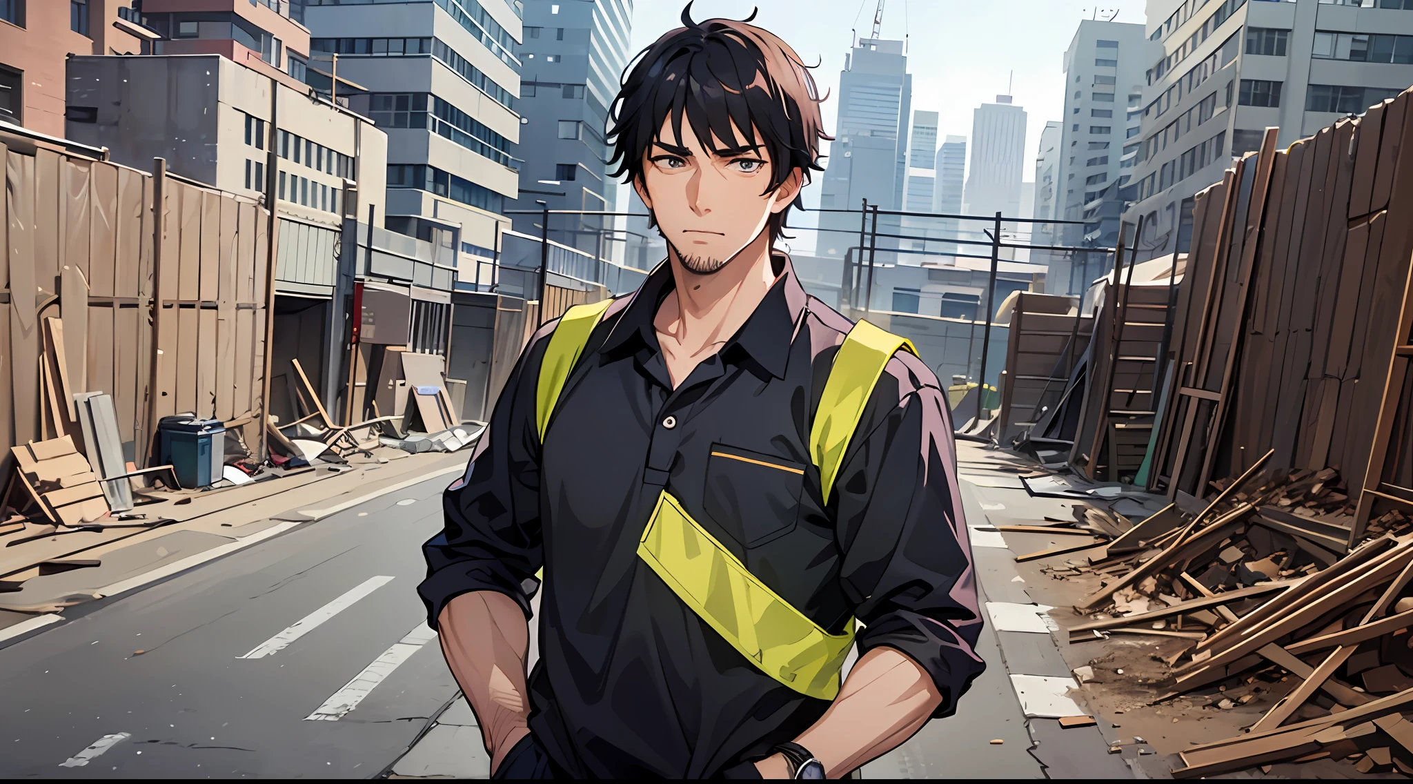 Middle-aged anime man, handsome middle-aged man, father of a bachelor migrant worker, short hair, a little stubble, very plain clothes, difficult conditions, working the construction site