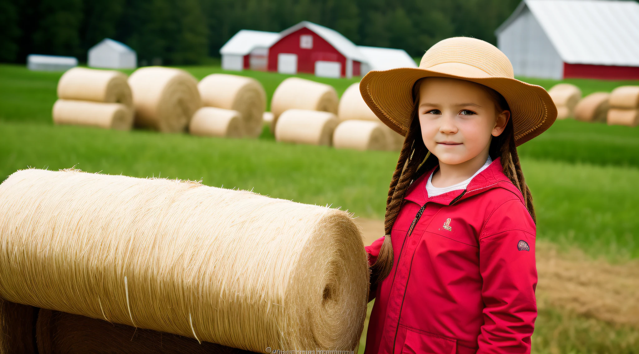 Russian style, children girl, portrait, long red hair of braids with hat, farmer style, with rolls of hay and wheat and horse, barns, apples.