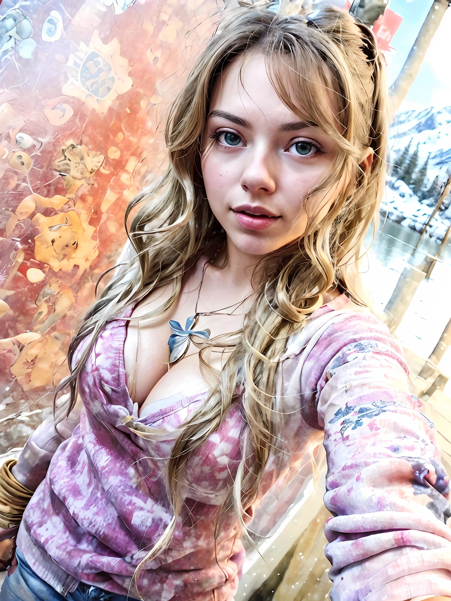 (masterpiece), (best quality:1.4), absurdres, [:intricate details:0.2], 1girl, tree, snow, solo, outdoors, water, mountain, large breasts, no clothes, long hair, scenery, winter, lake, ( looking at viewer:1.2), day, sky, refl