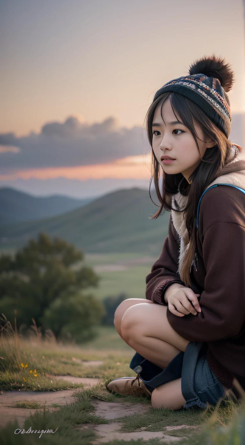 There was a young girl sitting on the steppe, looking into the distance