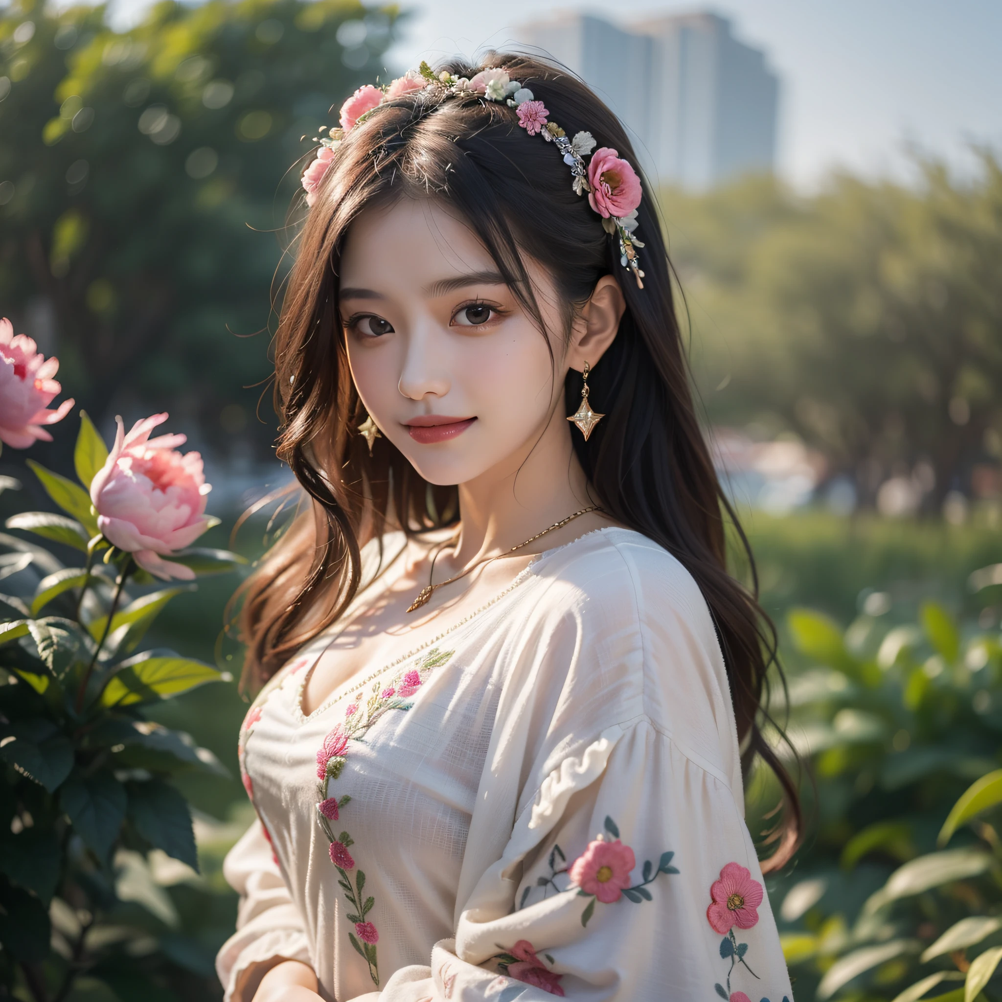 Best, Masterpiece, High Resolution, 1 Girl, Blush, (Seductive Smile: 0.8), Hair Accessory, Necklace, Jia, Tyndall Effect, Realism, Light Edge, Two-tone Lighting, (High Detail Skin: 1.2), 8K Ultra HD, DSLR, High Quality, Volume Lighting, Sneak Peek, Photo, High Resolution, 4K, 8K, Background Bokeh, Gorgeous Clothes, Earrings, 35mm, High Detail Hair, Upper Body, Bust, Portrait, Ultra Clear Face, (Lakeside, Meadow)