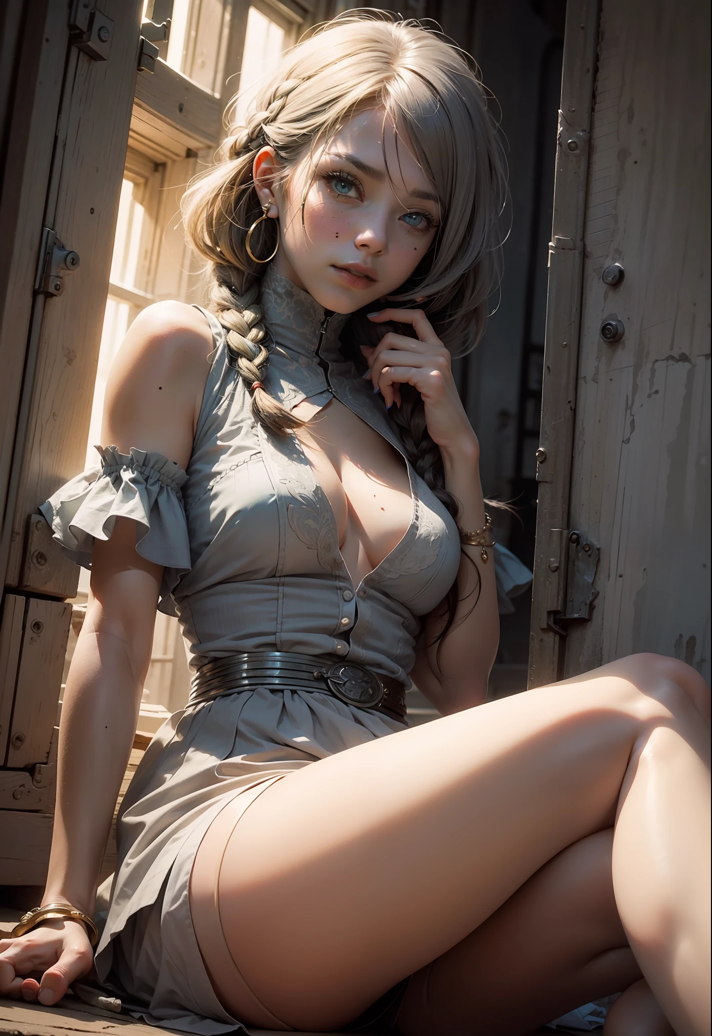 Appearance, Newly drawn composition, Knee shot, Son Goku, (Ultra Realistic), (Illustration), (High Definition), (8K), (High Detail), (Best Illustration), (Beautiful Detail Eye), (Best Quality), (Super Detail), (Masteri,), (Wallpaper), (Detail Face), One Girl, Aristocratic Dress, Gray Hair, Iris Heterochromatic Eyes, Small Moles Under the Eyes, Middle Chest, Long Legs, stunning composition, braids on the legs, beautifully detailed legs