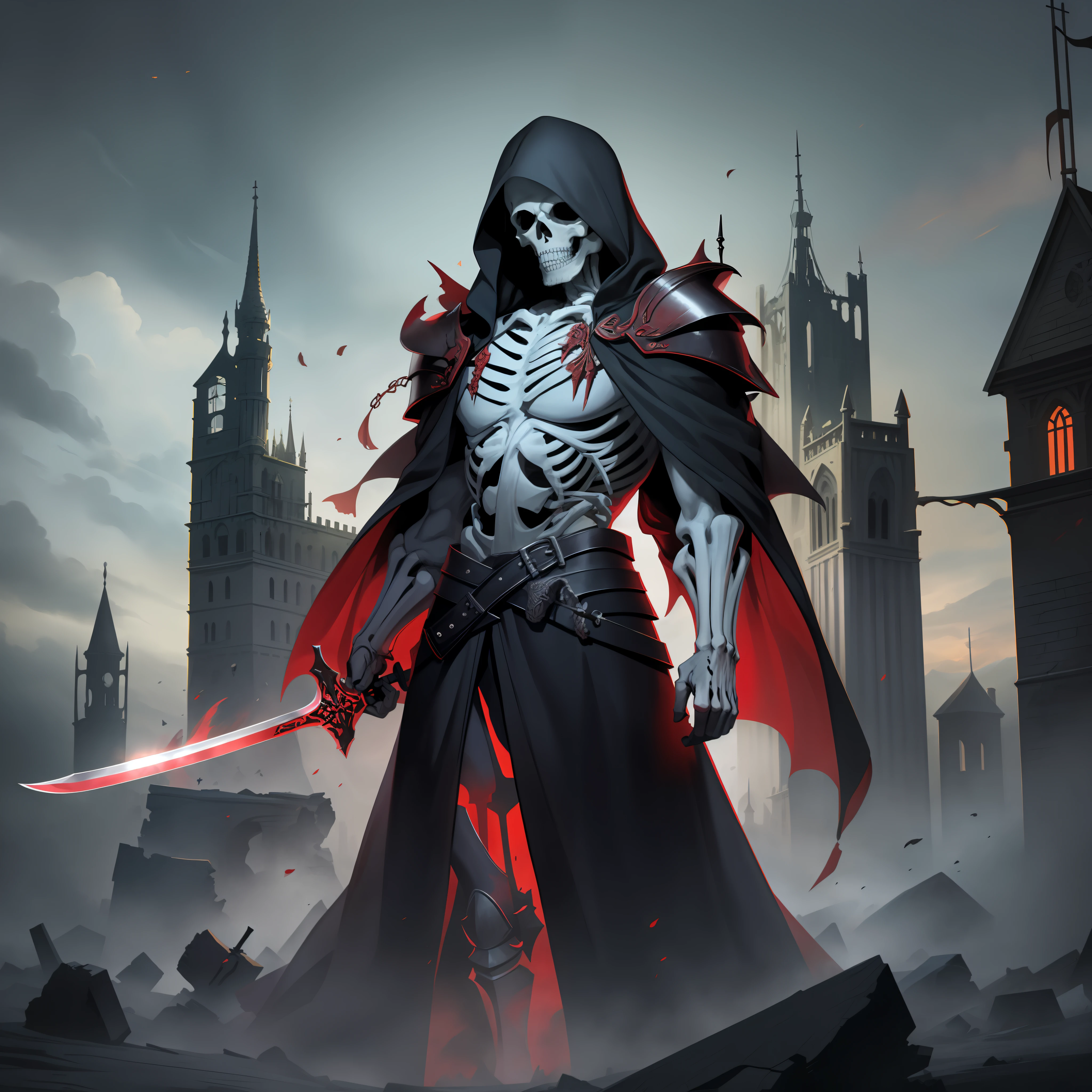 Skeletons in black robes, holding swords, like knights, Shrouded in red mist, Standing at ruin castle background