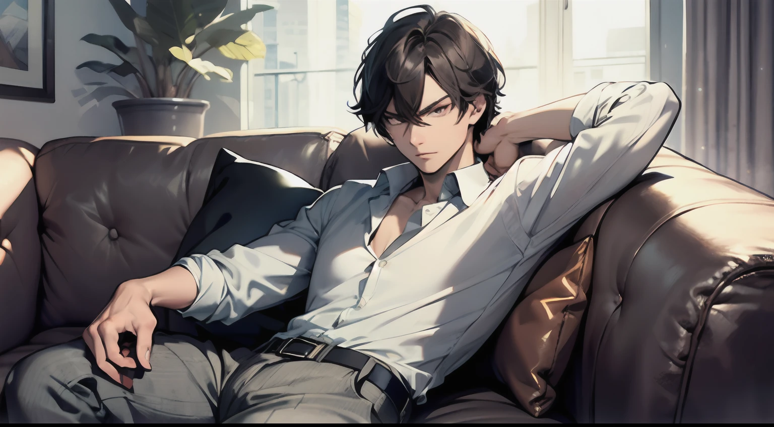 Masterpiece, of the best quality, a man, wearing an inch shirt, cold eyes, sofa, living room