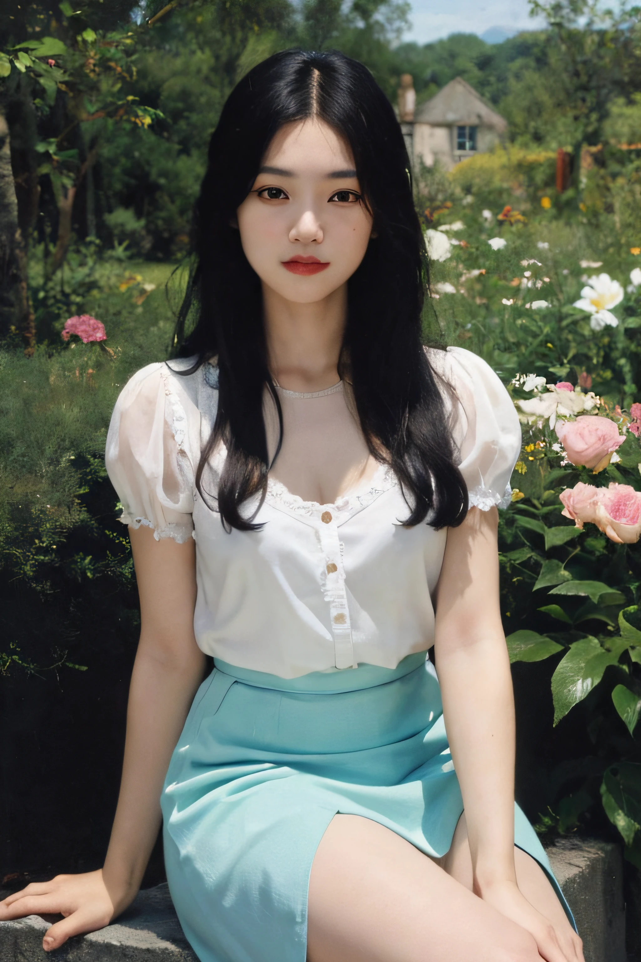 (Oil painting: 1.5),

\\

A woman with long black hair and white flowers in her hair sitting in a garden full of peonies, white blouse, cyan skirt (Amy Saul: 0.248), (Stanley Ateg Liu: 0.106), (a detailed painting: 0.353), (Gothic art: 0.106)