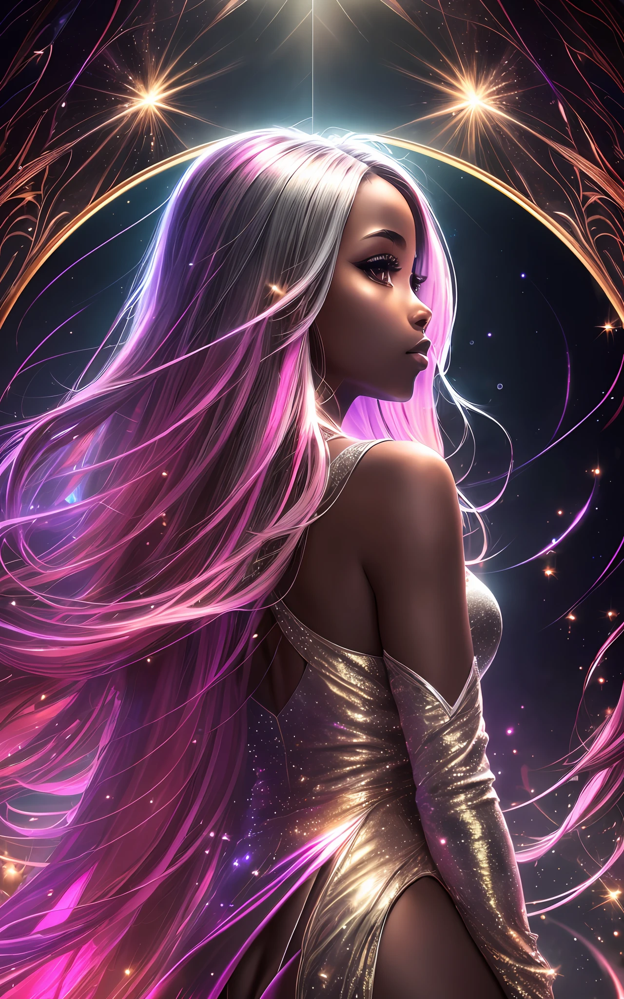award winning 64k concept art of (black 1girl:1.2) in light pink majestic open dress standing bravely, turned head to the side, posing, epic, god rays, centered, upper body, (masterpiece:1.2), (best quality:1.2), Amazing, highly detailed, beautiful, finely detailed, warm soft color grading, Depth of field, extremely detailed 64k, fine art, stunning, iridescent, shiny, (light reflections:1.2), (crisp:1.5), silver curls, storm, vibrant, sunlit, (edge detection:1.2), absurdres, impressive, 120mm, outlining, wide thighs, mirrors, luminous, mirrors in the background, glittering, reflections, lights, sky in the background