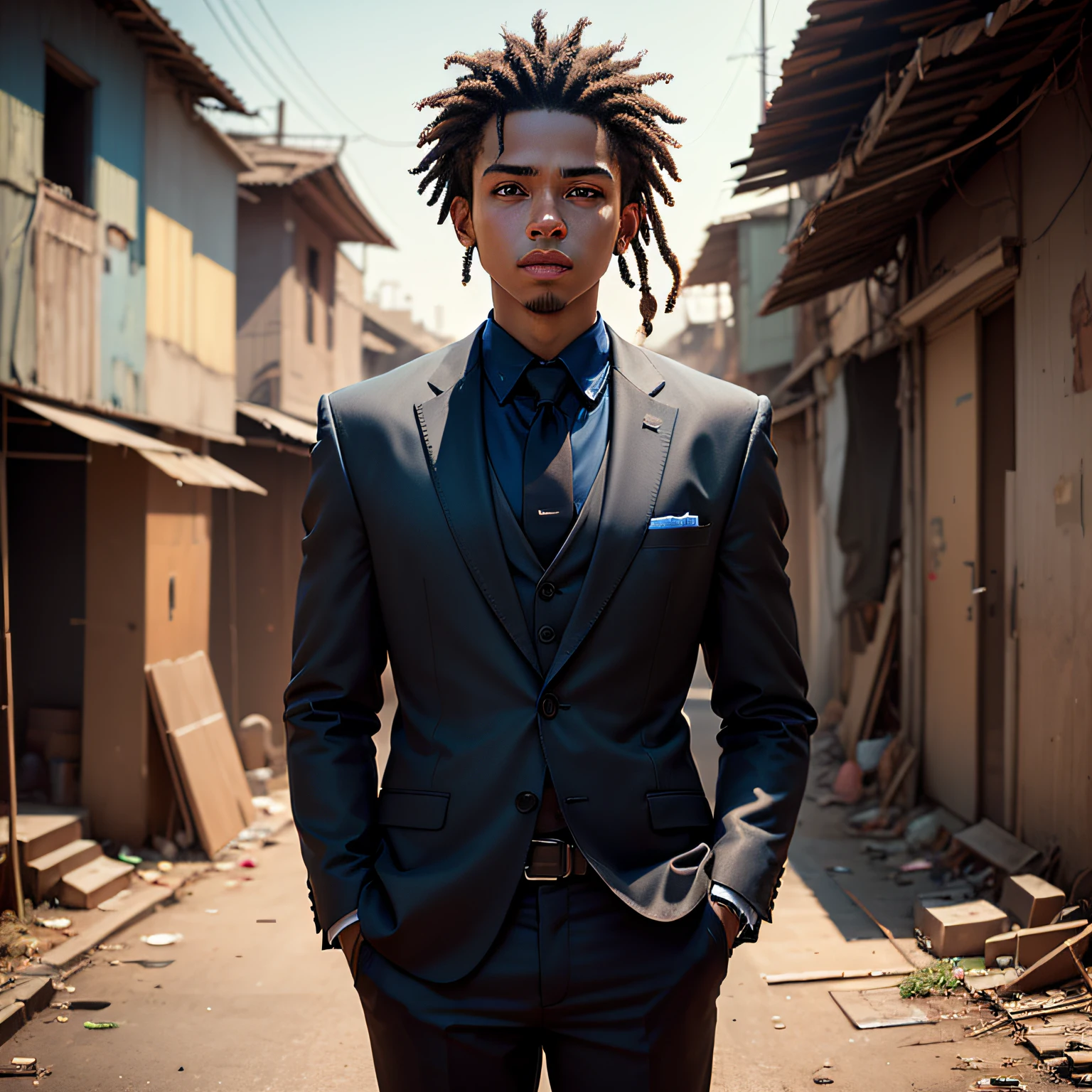 (masterpiece, photorealistic, raw,:1.4), (extremely complex:1.2), close-up, cinematic light, side lighting, ultra high resolution, best shadow, RAW, upper body, black boy child, hair with dread, image background a futuristic slum, wearing suit --auto