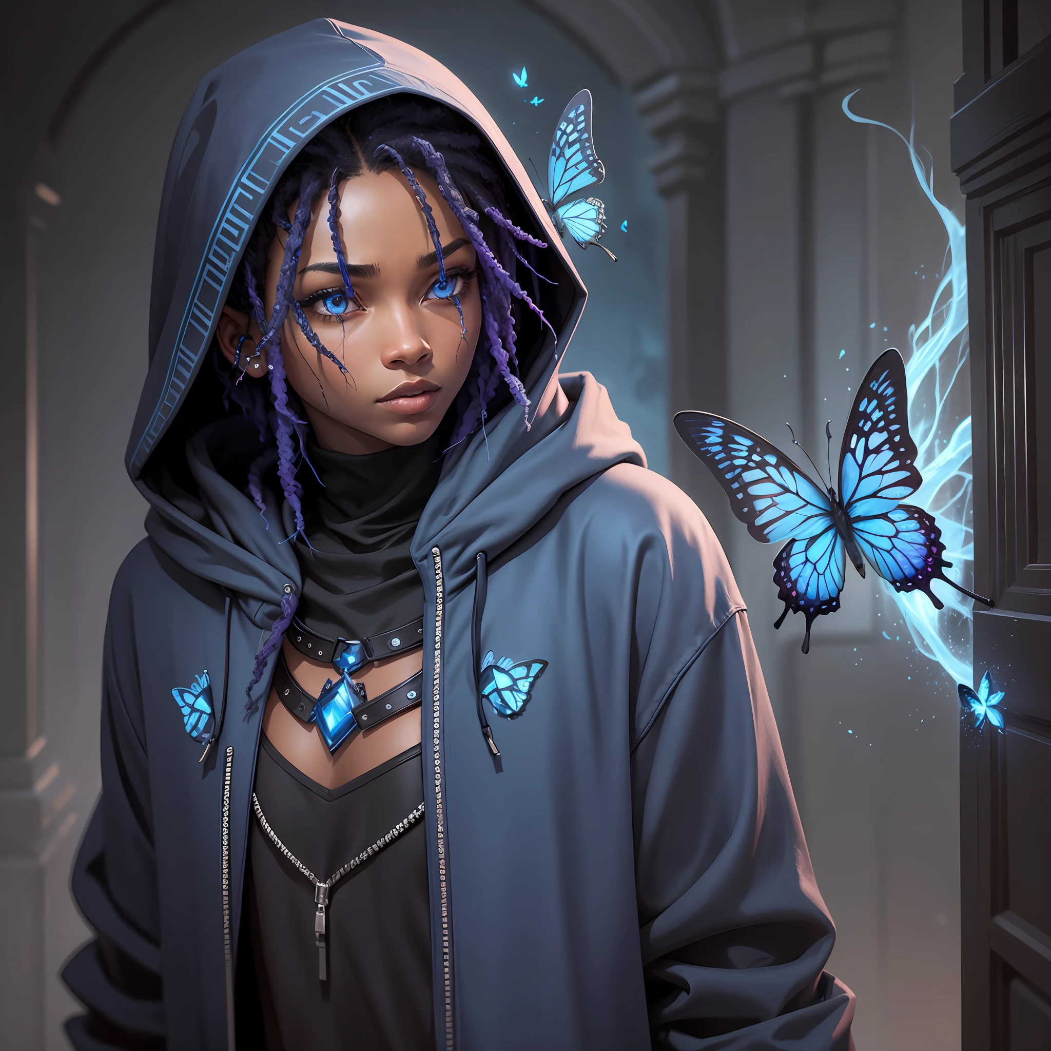 - Arcane style, short-haired black character with dread, wearing a dark blue hooded coat, with reddish lighting and with blooming blue butterflies in the background on the character's clothing and face --auto --s2